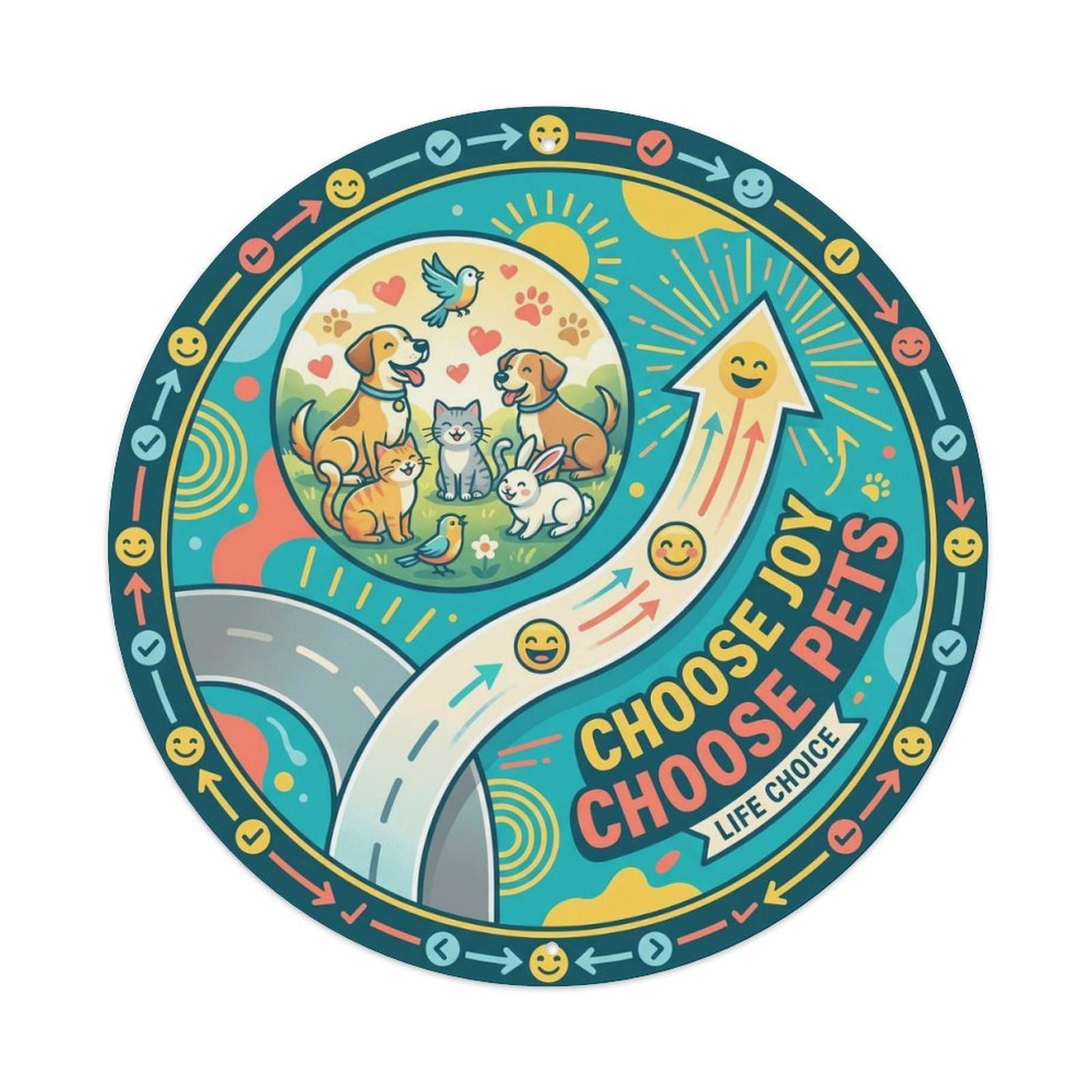 Vintage Choose Joy Choose Pets Happiness Metal Tin Sign Plaque Wall Decor for Cafe, Club, Garden Round Metal Poster 8x8Inch