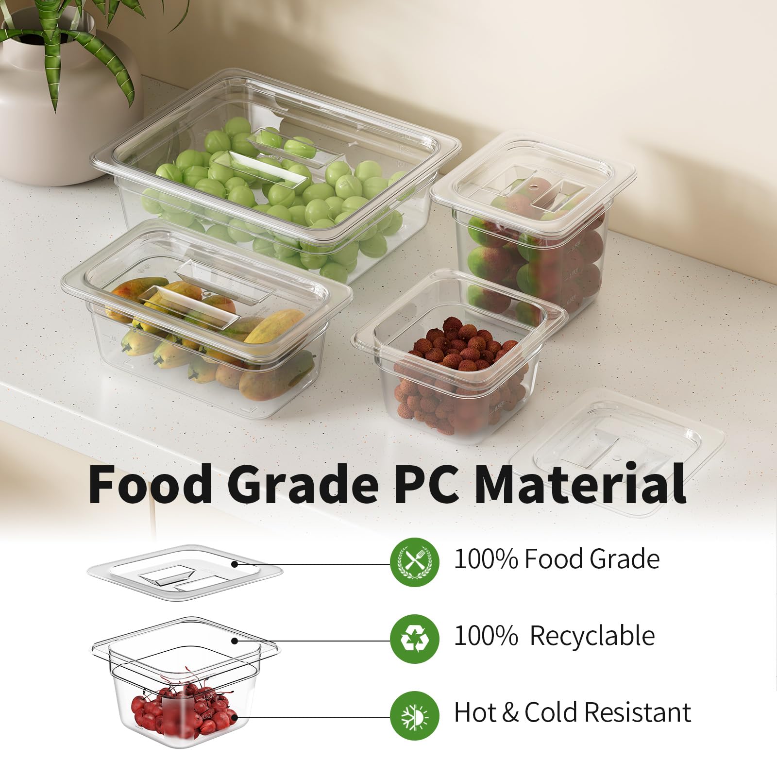 Paquete de 6 sartenes de 1/6 y 4 pulgadas, con tapas, de plástico transparente, de policarbonato apilable, apto para congelador, frutas, verduras, restaurante, cocina