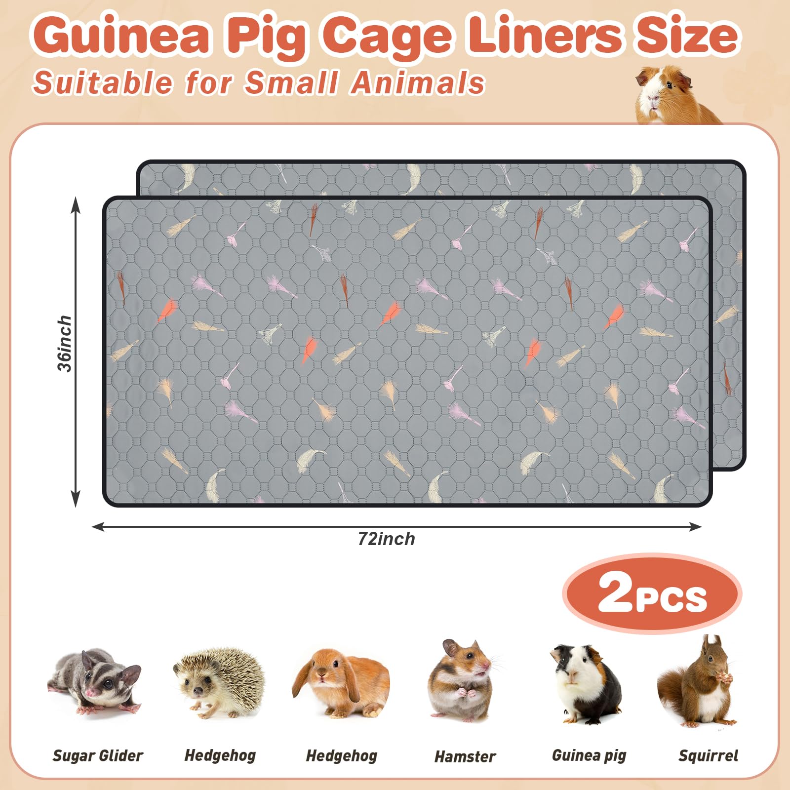 Meerschweinchen-Käfigeinlagen, Fleece, 91,4 x 182,9 cm, super saugfähig, waschbar, wiederverwendbar, für Kaninchen, Hamster, Chinchilla, (C&C 71,4 x 182,9 cm), 2 Stück, 30,5 cm Gitterlänge, 2 Stück