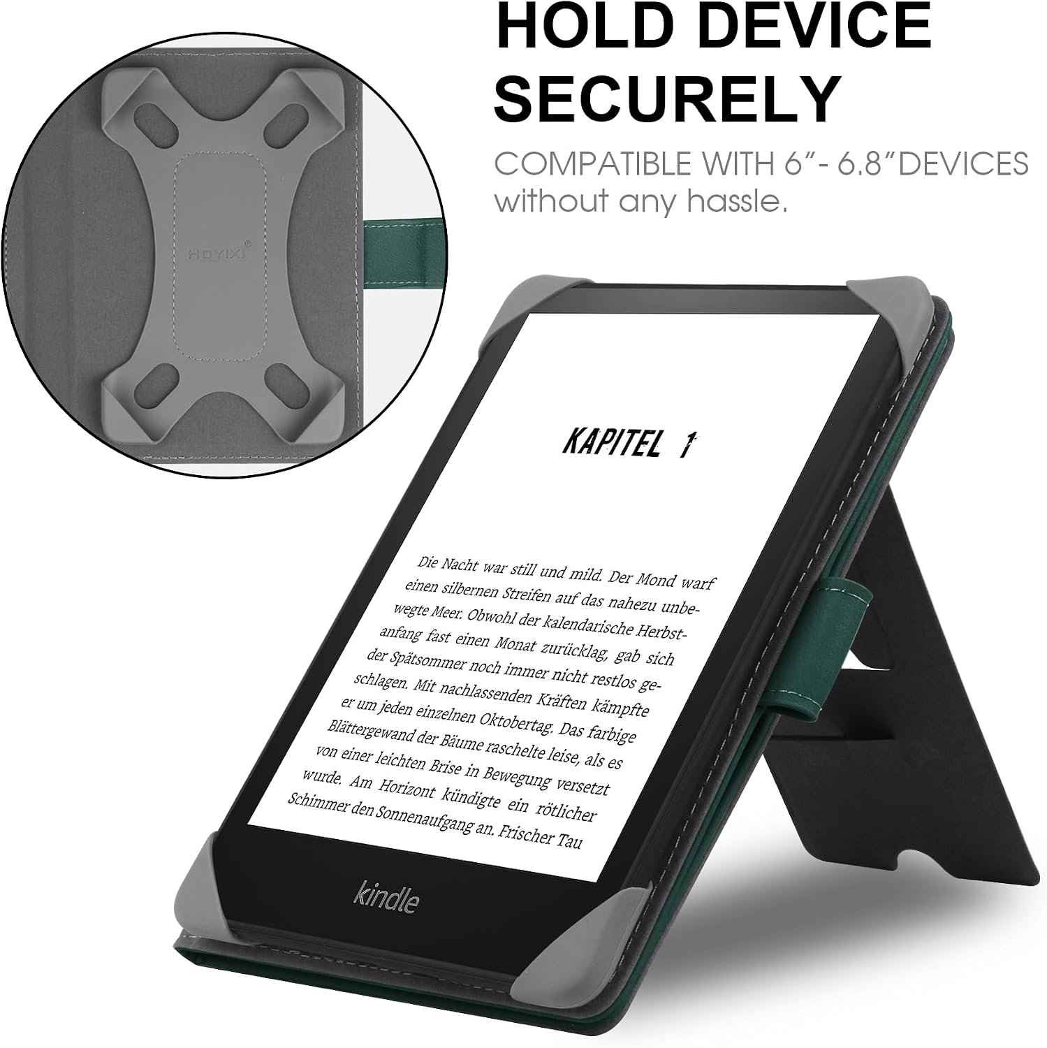 HoYiXi Universal Case Compatible with 6”-6.8” Kobo/Pocketbook/Tolino/Sony E-Book eReader Kindle Paperwhite/Kobo Clara HD/Kobo Clara 2E Leather Stand Cover for 6-6.8'' E-Book eReader,Green image 2