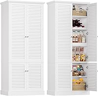 BOTLOG 70.9" Tall White Pantry Cabinet with 4 Shutter Doors, Adjustable Shelves & 10-Bottle Wine Rack - Modern Kitchen Hutch Storage