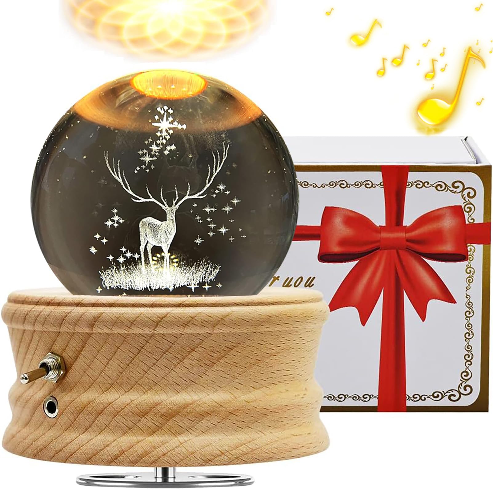 BUOTAU Music Box for Adults, 3D Crystal Ball Music Box, 360° Luminous Rotating Music Box with Light Projection and Wooden Base, Suitable for Children, Wives, Mothers, Creative Decoration Gifts