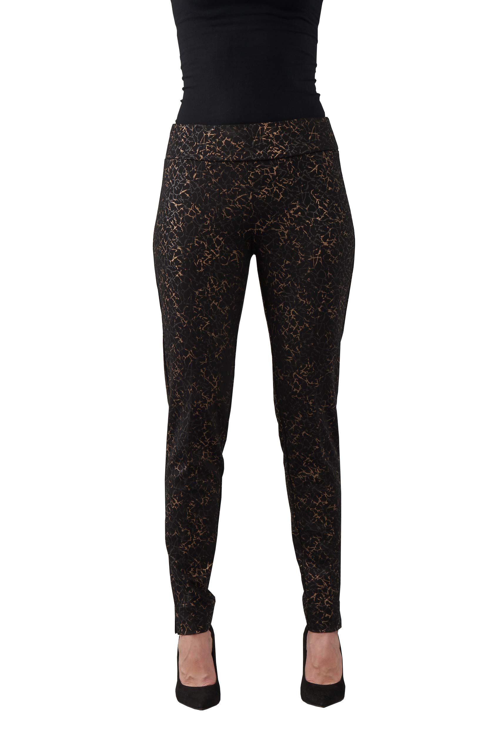 Womens 4 Way Stretch Pull-On Pants in Black and Gold Golden Crackle Print Size 0