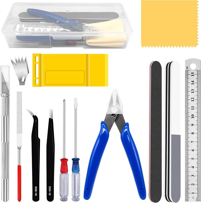 El kit de herramientas básico Hobby Model de 17 piezas contiene alicates al ras, mini lima, cuchillo para manualidades con cuchillas de repuesto, pinzas, juego de fijación de construcción de modelado profesional para Gundam