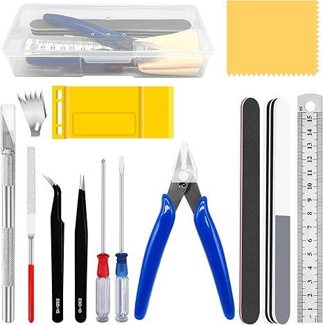 17Pcs Hobby Model Basic Tool Kit Contains Flush Pliers, Mini File, Crafting Knife with Replacement Blades, Tweezers, Professional Modeling Building Fixing Set for Gundam