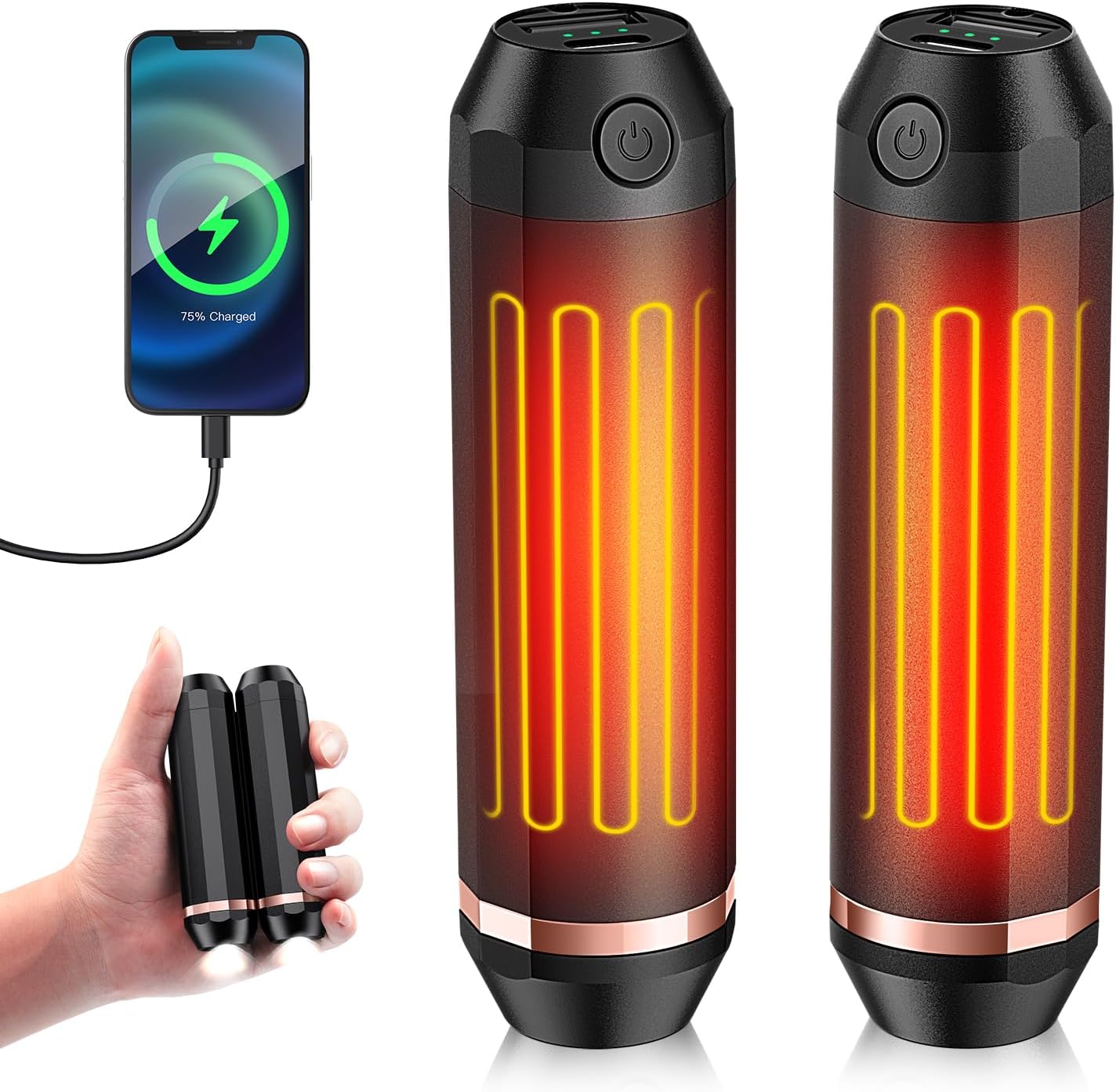 Rechargeable Hand Warmers, EnjoyNest C306 3-in-1 Hand Warmer Reusable 10000mAh Electric Portable Pocket Heater with 2 Pack Power Bank Flashlight 3 Levels Heating Gifts for Men,Winter,Hunting,Camping