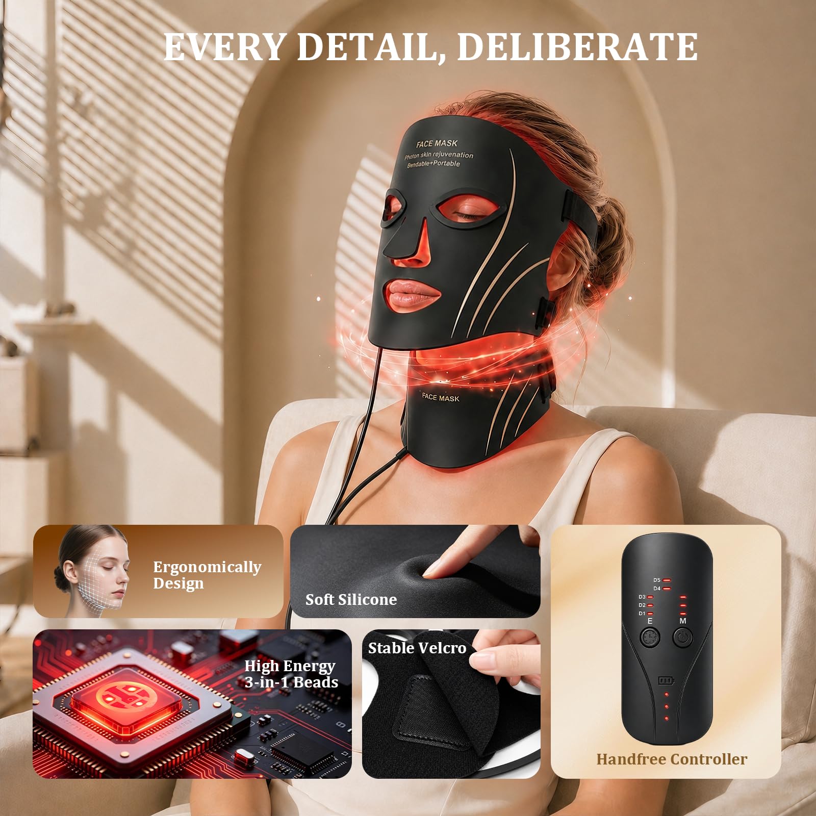 Masque de thérapie par lumière rouge pour soins de la peau du visage et du cou, masque facial infrarouge 7 couleurs avec 309 puces LED, 5 luminosités, contrôleur rechargeable pour anti-âge