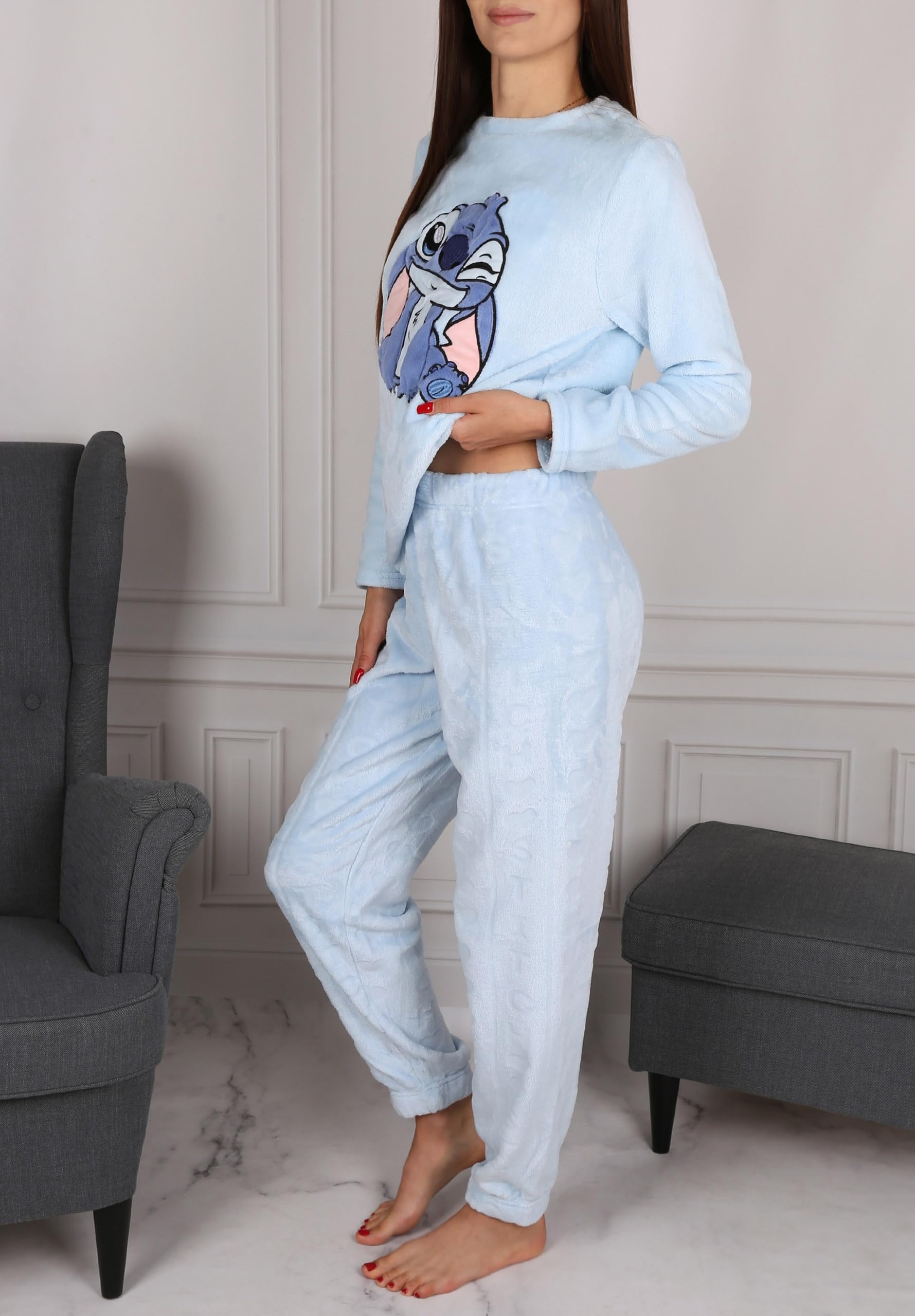 Pijama Mujer Stitch Disney – Conjunto de Noche con pantalón Largo, cálido y cómodo para otoño/Invierno (FR/ES, Letras, L, Regular, Regular, Stitch 2)