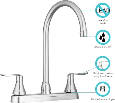 Dura Faucet DF-PK330HLH-SN RV Swivel J-Spout Kitchen Faucet (Satin Nickel) | RV swivel j-spout kitchen sink faucet for camper and trailer galleys.