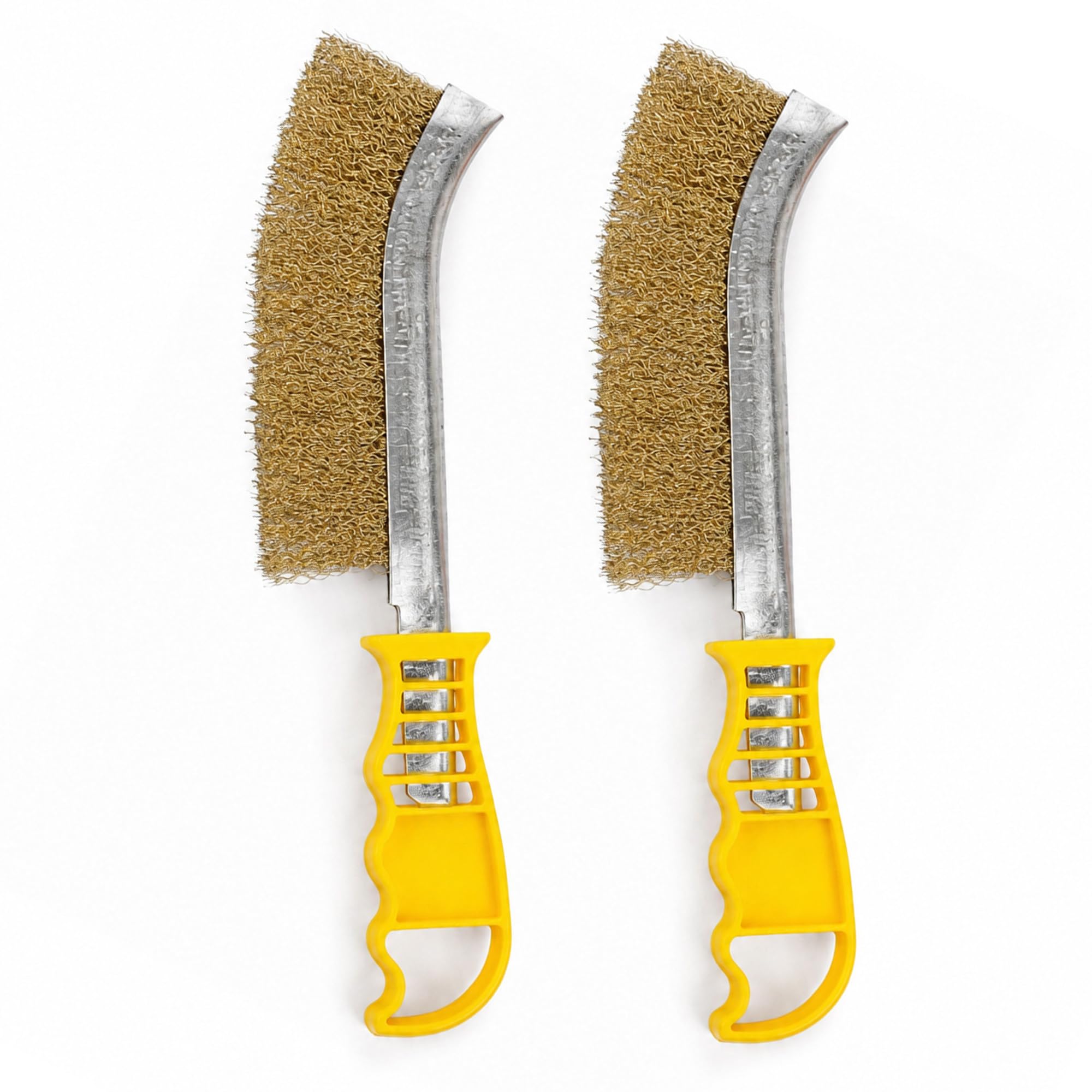 NAVOYS 2 Brass Wire Brush with Curved Head & Yellow Handle | 23cm Compact Hand Wire Cleaning Brush for Metal, Grout, Rust, Paint, Dirt & Detail Cleaning