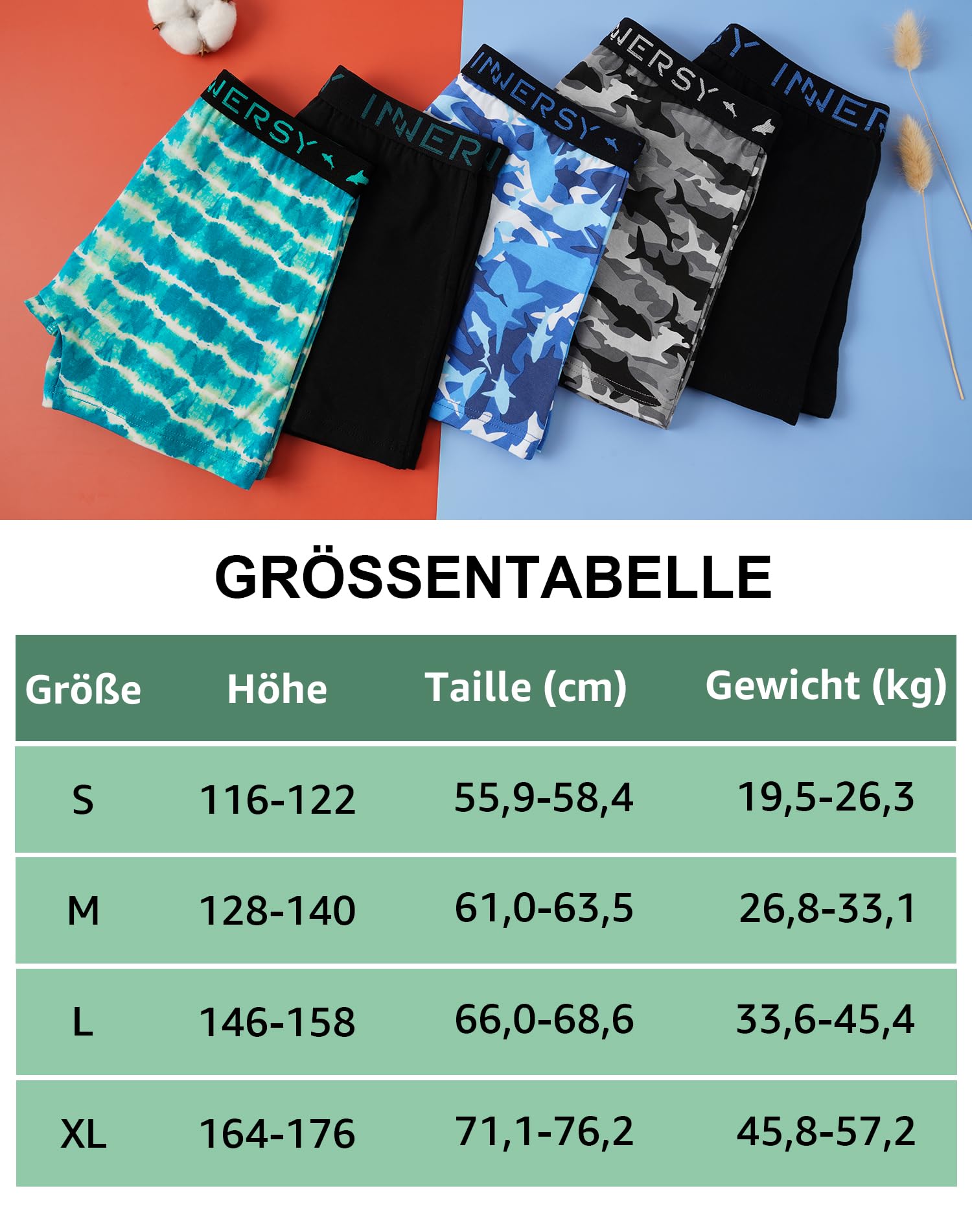 INNERSY Bawełniane bokserki chłopięce z rozporkiem, miękkie, retro, bielizna, 5 sztuk