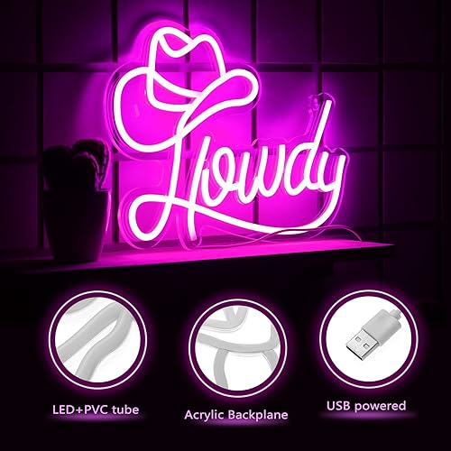 Miniatura 3 de Riakrum Howdy - Letrero de neón para decoración de pared, iluminación Y2k, luz de neón LED, estética, decoración de habitación de vaquera para