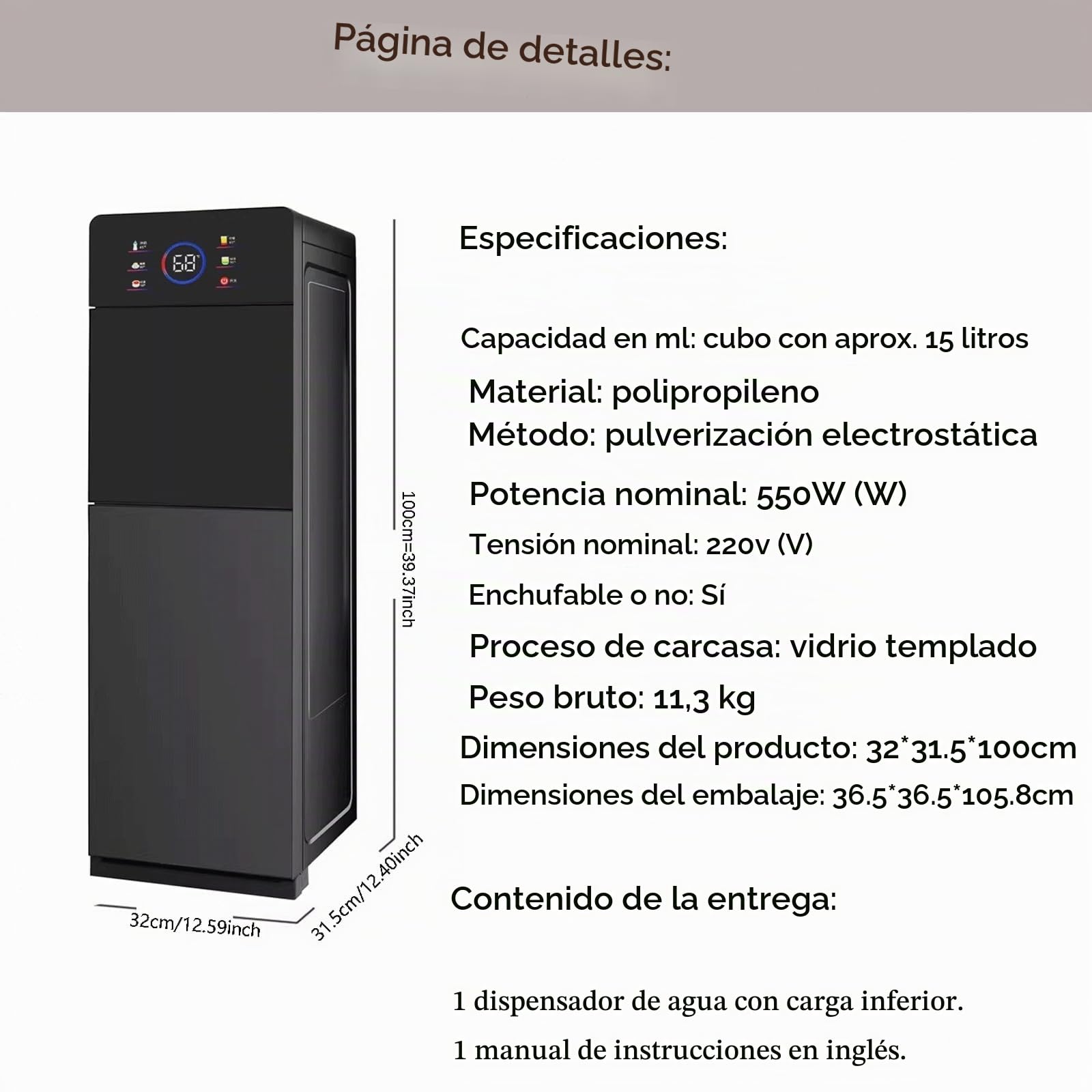 Dispensador De Agua De Pie con Carga Inferior,Enfriador De Agua Embotellada Fría/Caliente,Control Táctil De 5 Temperaturas,para Salón Y Oficina,Agua Helada,Tibia Y Caliente