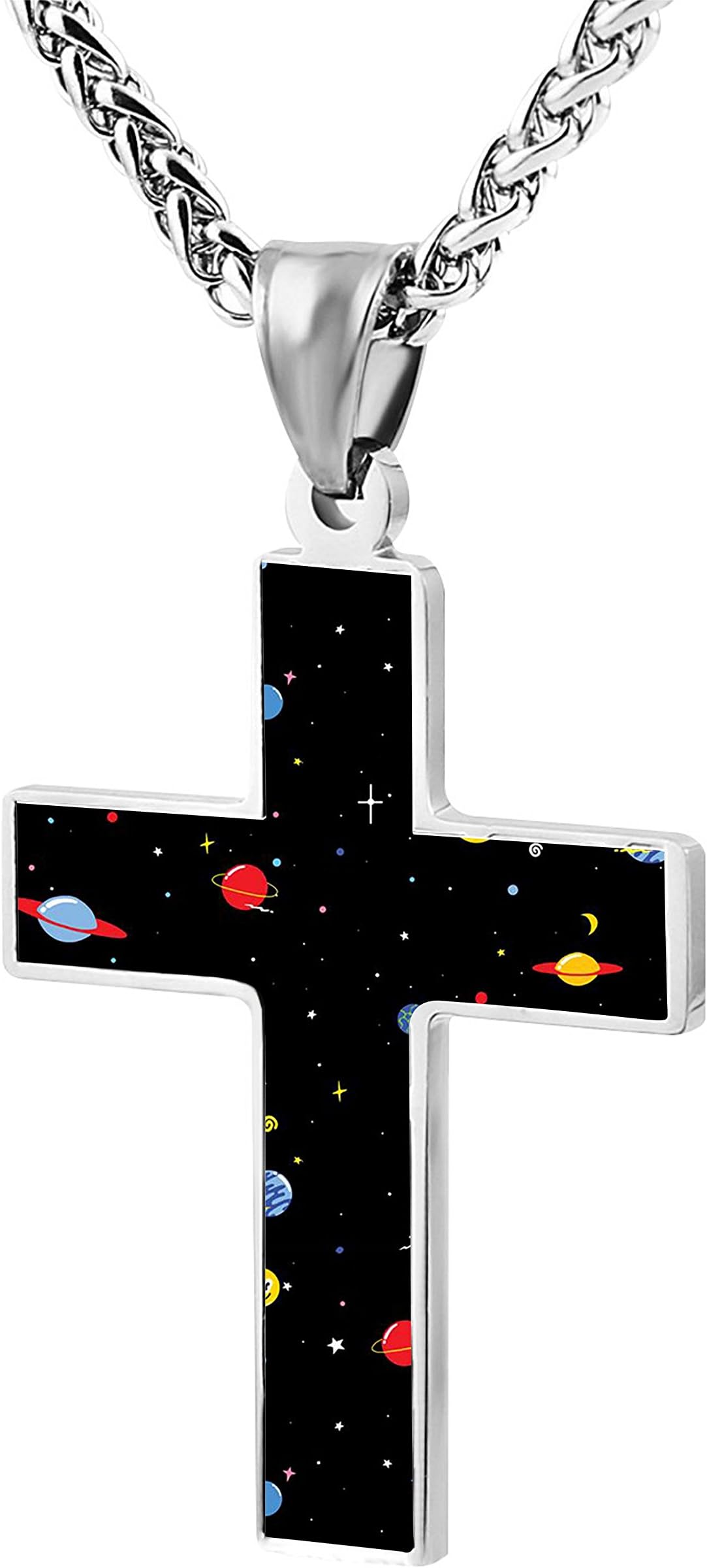 OHMYGODDESS Space Cartoon Cross Religious Jewelry Zinc Alloy Pendant Necklace