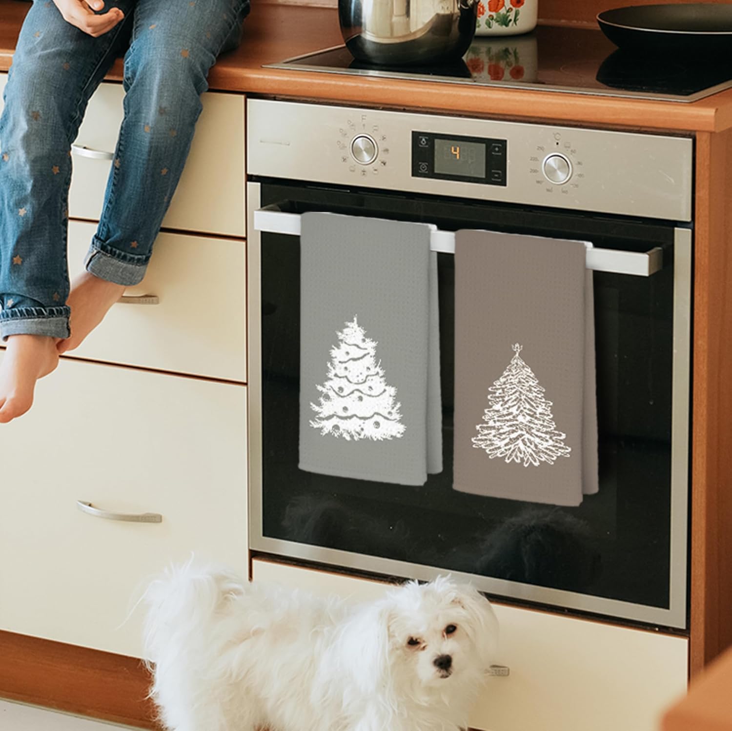 JINYO Boho Neutral Christmas Kitchen Towels, Modern Winter Snowy Christmas Tree Decorative Hand Towels for Bathroom Kitchen, Rustic Neutral Pine Tree Decorative Dish Tea Towels, 16x24 Inch Set of 4 - Image 2