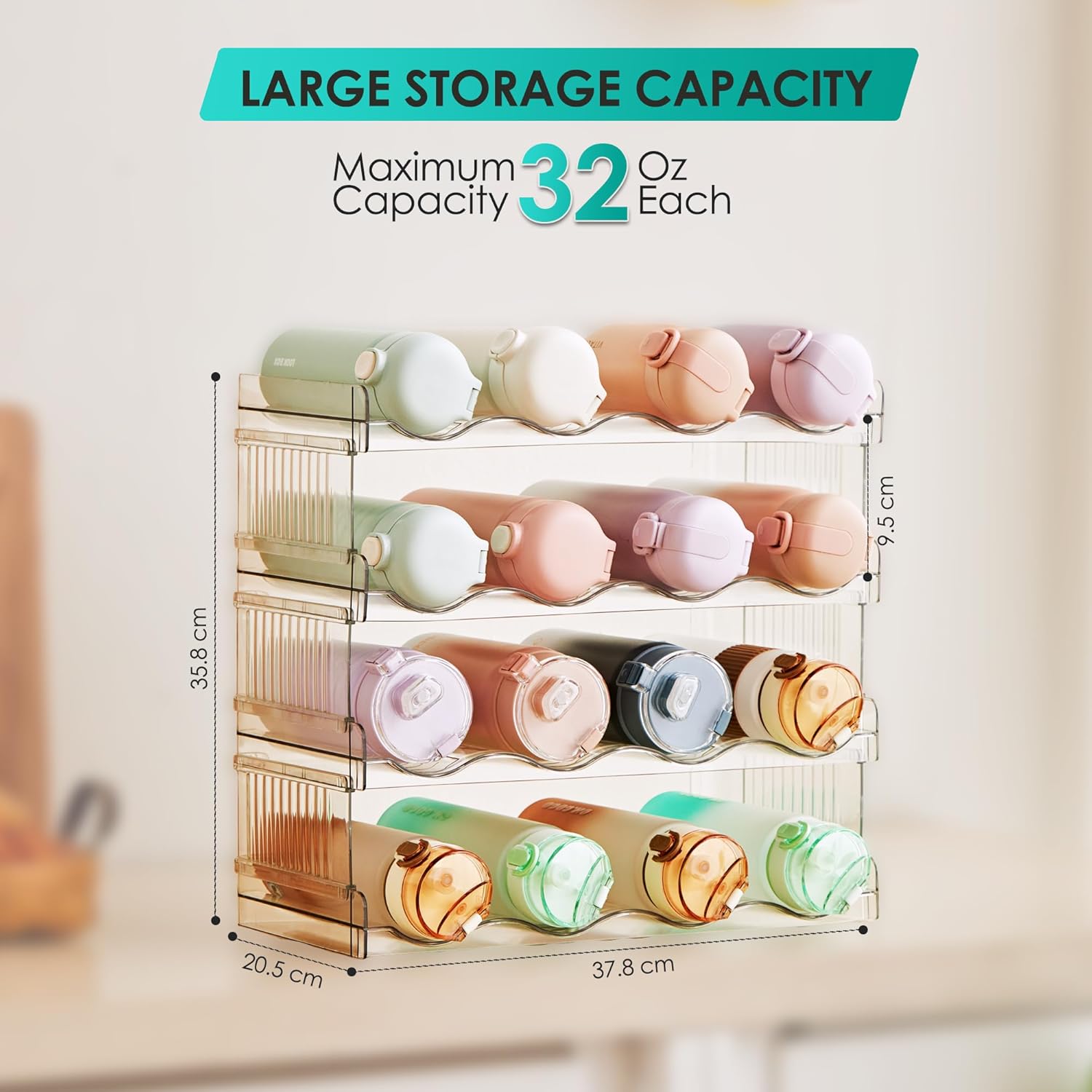 Prixure Stackable Water Bottle Organizer for Cabinet with free cleaning brush, 4 Layer Hold 16 Bottles for Fridge Pantry Cabinet & Storage, Tumbler Mug Cup Organizer for kitchen Cabinets, best Gift