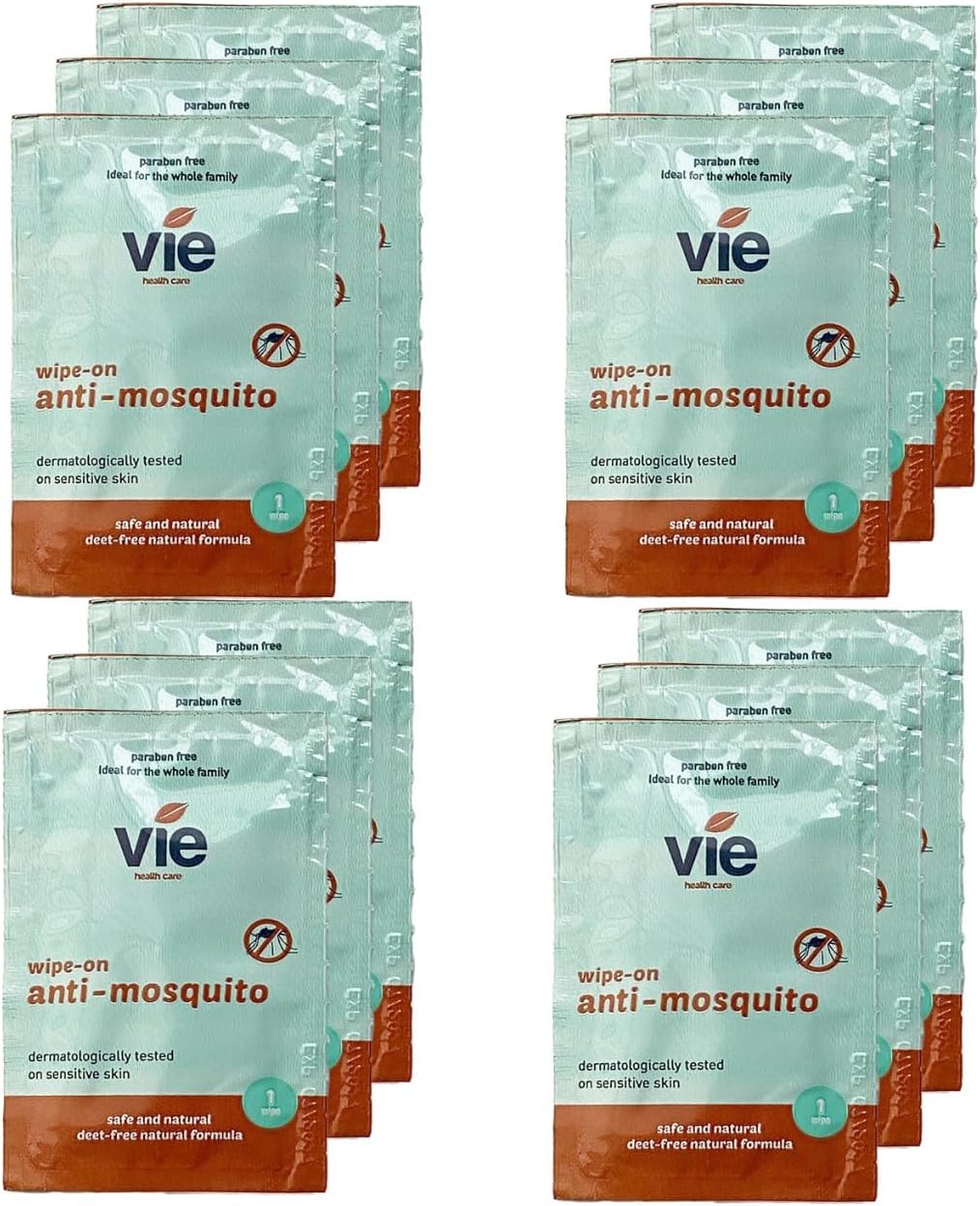 VIE Mosquito Wipes (Pack of 12) | DEET-Free Natural Formula | Individually Wrapped for Convenience | Safe for Babies & Kids | Effective Protection Against Mosquito & Insect Bites | Outdoor Essential