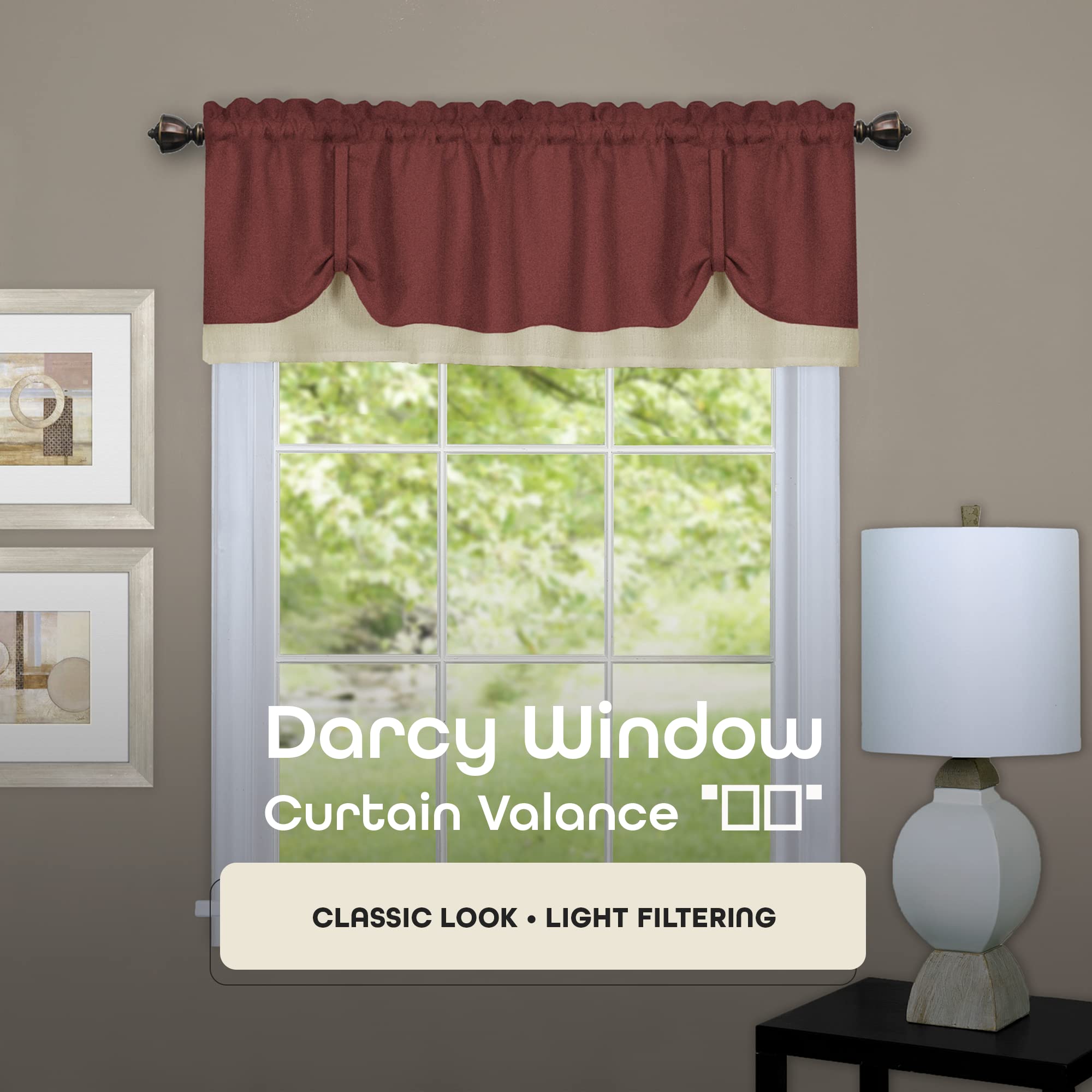 Soft Window Darcy Curtain Valance, Marsala & Tan, 58 Inch Width, 14 Inch Length, 1.5 Inch Rod Pocket - Image 2