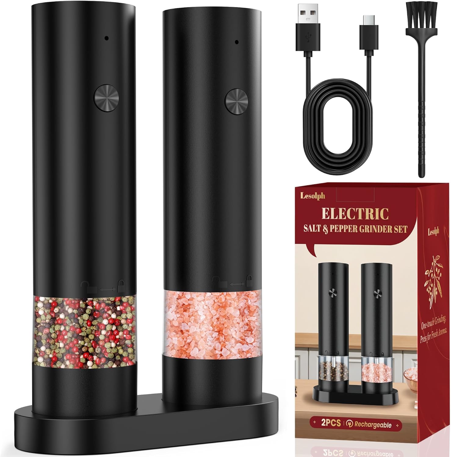 Salz und Pfeffermühle Elektrisch 2er Set, Elektrische Pfeffermühle mit USB Wiederaufladbar, Elektrische Pfeffermühle mit Einstellbarer Grobheit, mit Basis und Staubschutz, für Gewürze mahlen BBQ Küche - Amazon product rated Grade B