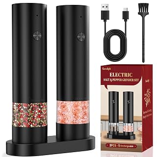 Salz und Pfeffermühle Elektrisch 2er Set, Elektrische Pfeffermühle mit USB Wiederaufladbar, Elektrische Pfeffermühle mit Einstellbarer Grobheit, mit Basis und Staubschutz, für Gewürze mahlen BBQ Küche - Amazon product rated Grade A