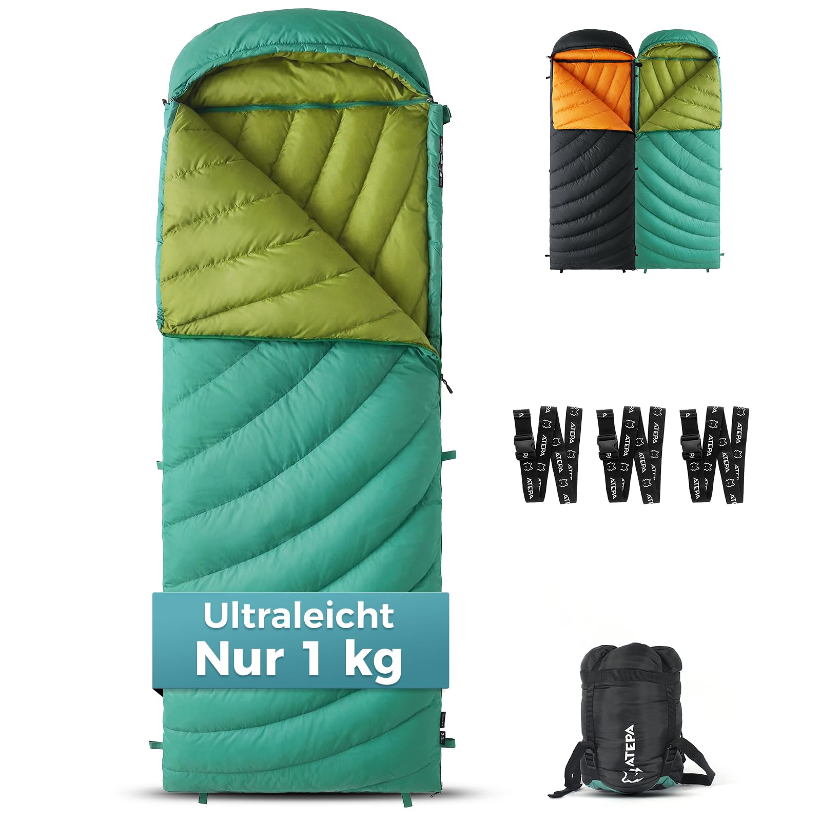 ATEPA Ultraleichter Daunenschlafsack 650/700FP, 3-Jahreszeiten (12°C / 6°C / -1°C), Leicht & Kompakt, Wasserabweisend, Ideal für Camping, Wandern, Trekking & Rucksackreisen, Mit Kompressionssack