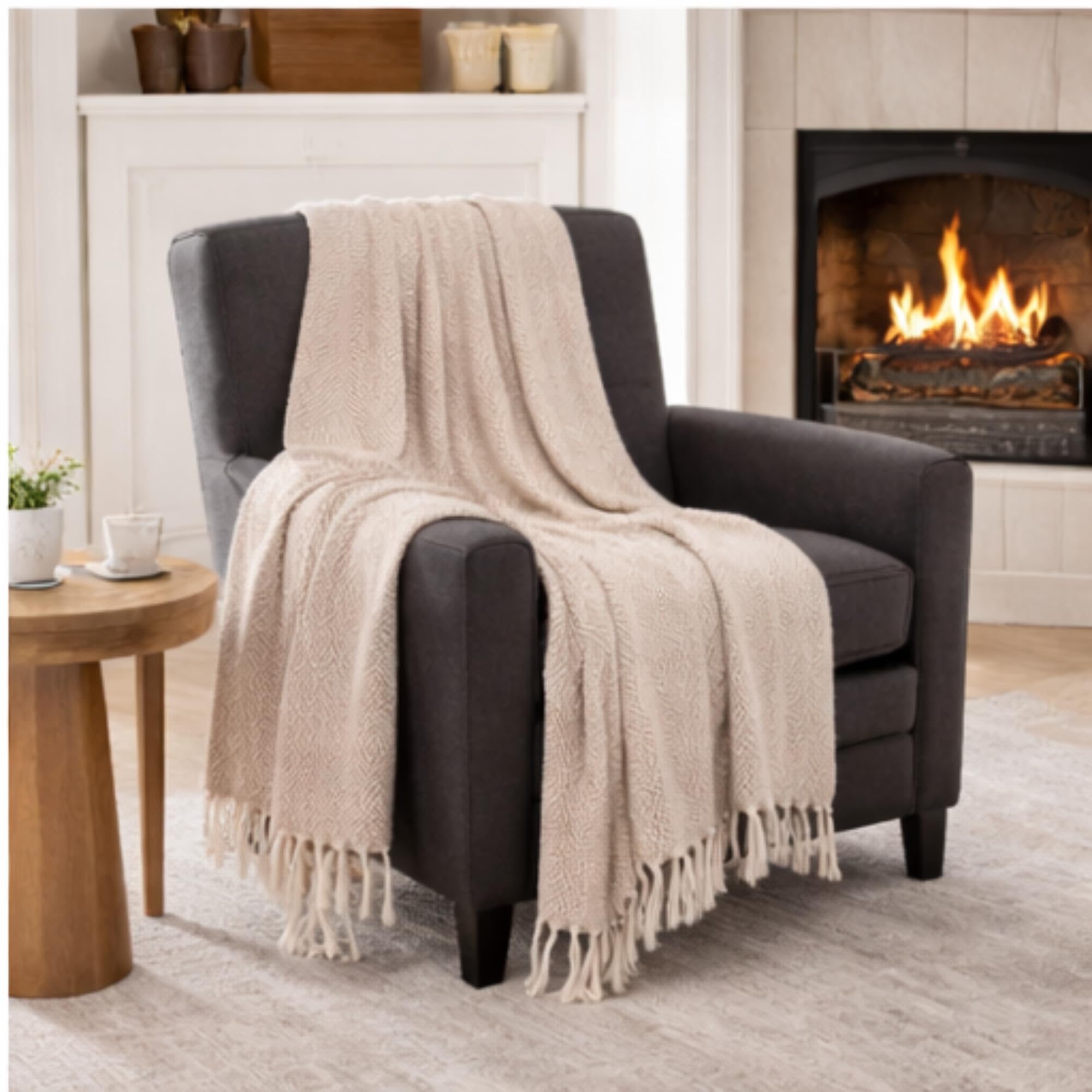 Tarantaran Soft Light Brown Cotton Throw Blanket for Sofa Couch Bed, Herringbone Design with Tassels for Modern Home Decor-image-1