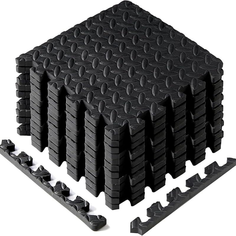 EVA Interlocking Mats, Puzzle Floor Tiles, Foam Floor Padding with Border for Furniture, Home Space, Living Room, Garage 11 SQFT