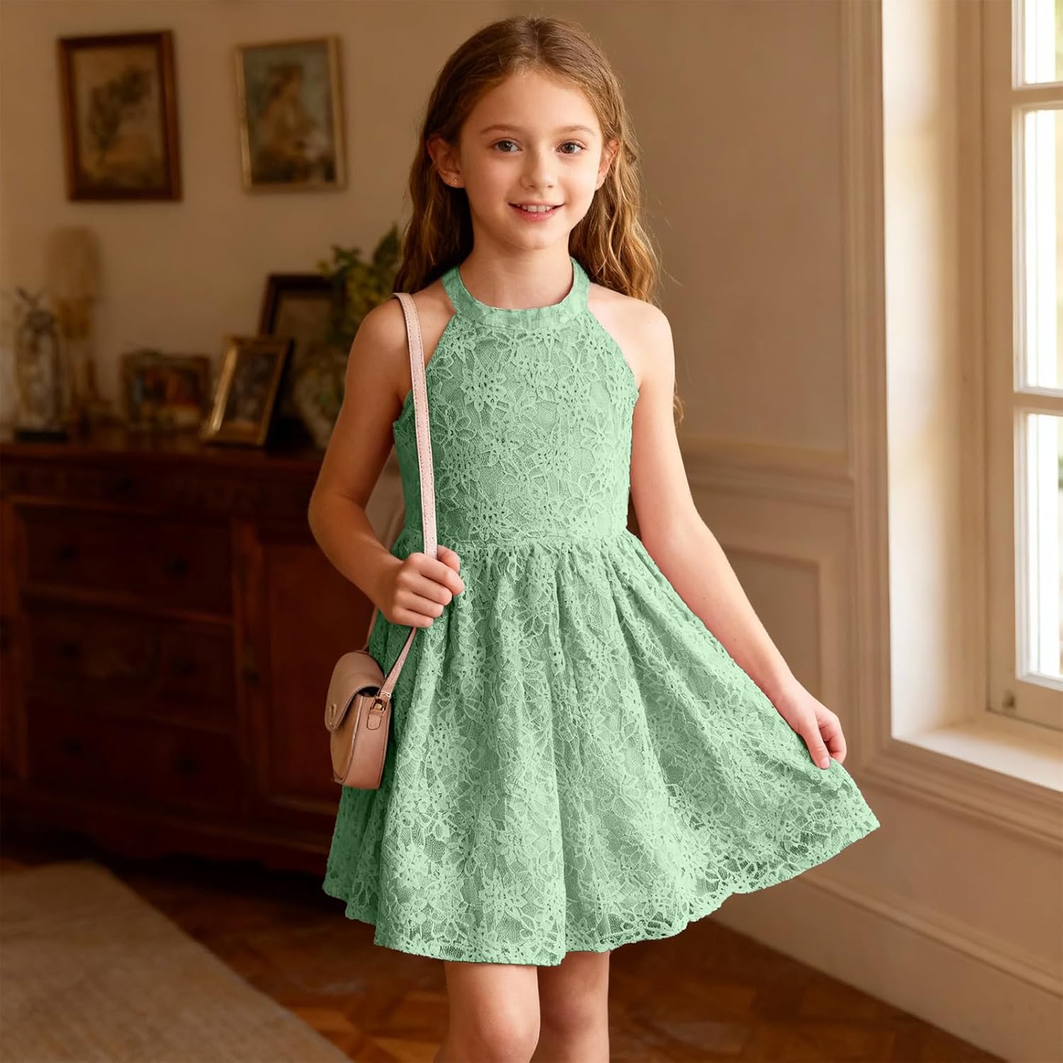 Girls Halter Neck Sleeveless A-Line Flared Swing Flower Lace Casual and Party Dress 6-13 Years - Image 4