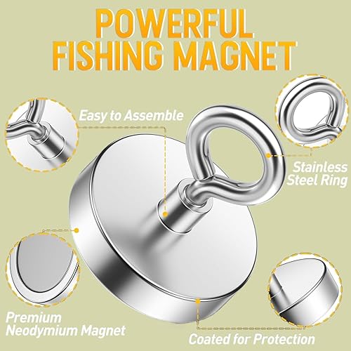 Miniatura 6 de Imanes de neodimio súper fuerte, 330 libras (330.7 lbs) fuerza de tracción magnética de pesca, imán de caza de tesoros submarinos para ríos, lagos,