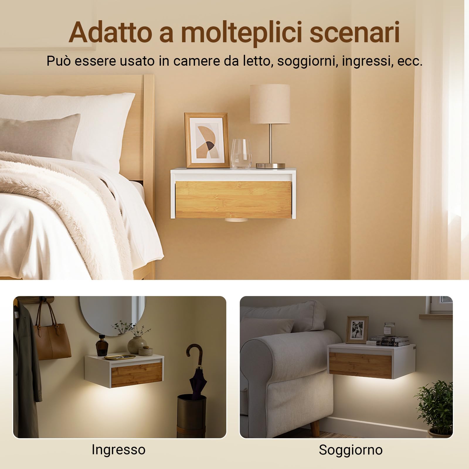 SoBuy Comodino sospeso con luce LED a sensore, 40x29,8x15,6 cm | Comodino da parete con luce rimovibile e cassetto, Bianco Naturale, per camera da letto e ingresso, FBT174-E-WN