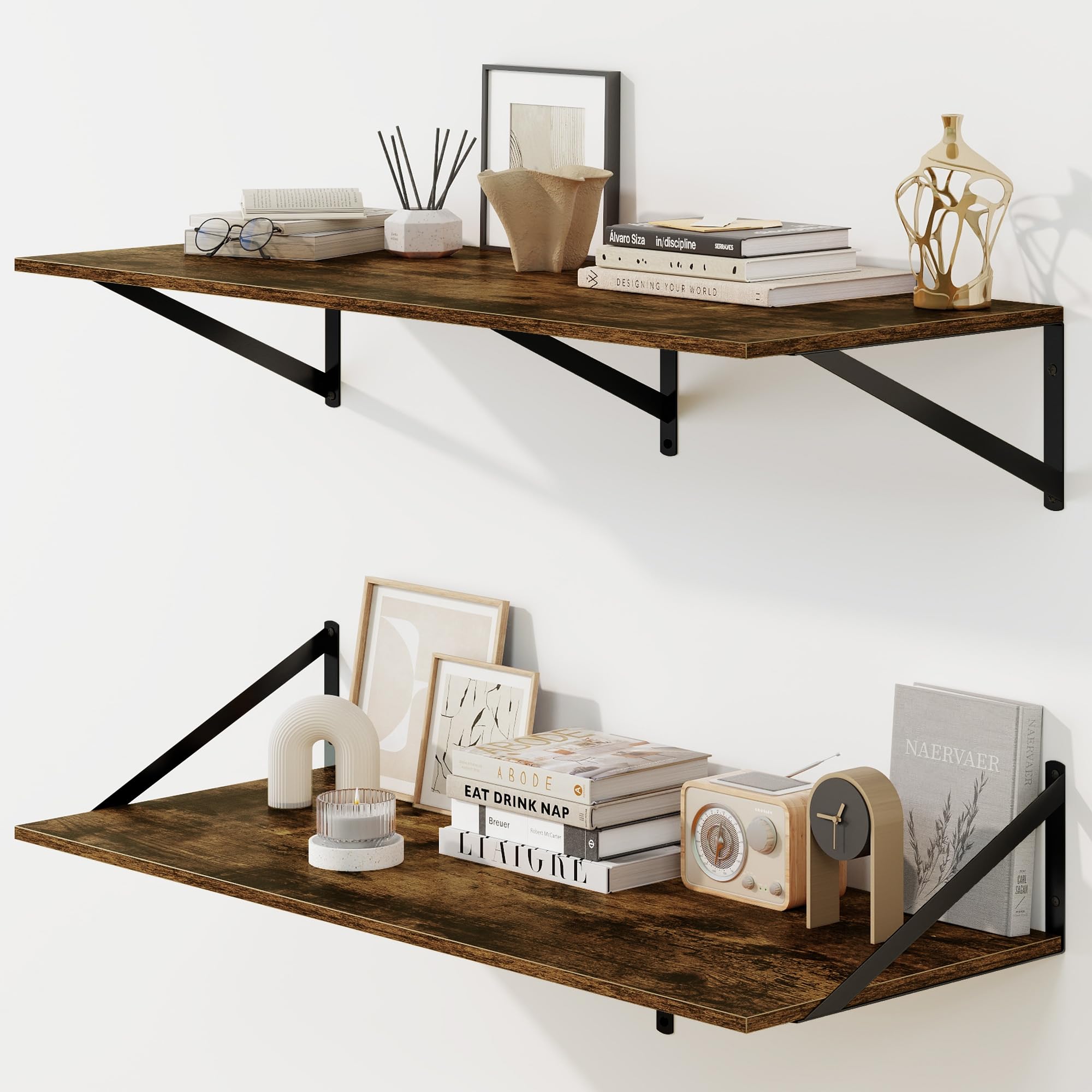 Fun Memories Floating Shelves for Wall, 30 cm Deep Floating Shelves Set of 2, 90 x 30 cm Large Wall Shelf with Sturdy Metal Brackets for Living Room, Bathroom, Bedroom and Kitchen, Rustic Brown
