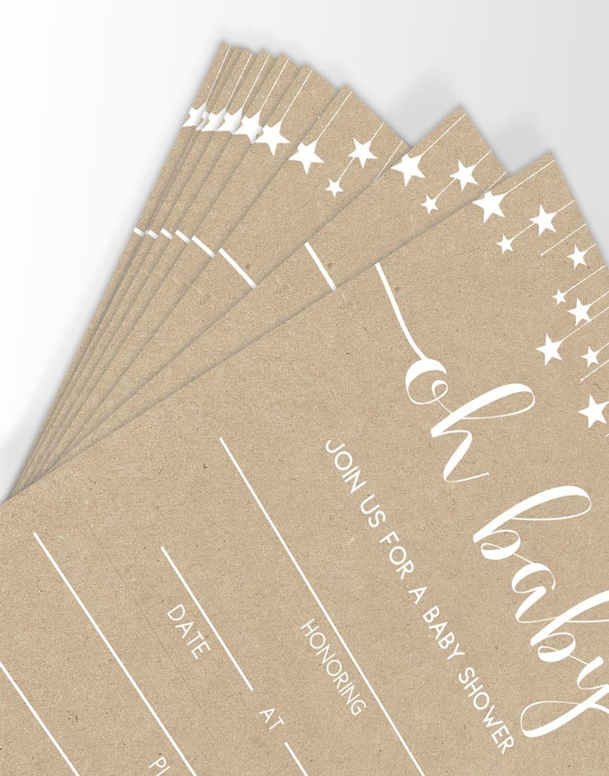 Printed Party Baby Shower Invitations and Envelopes, Rustic Kraft, Set of 25