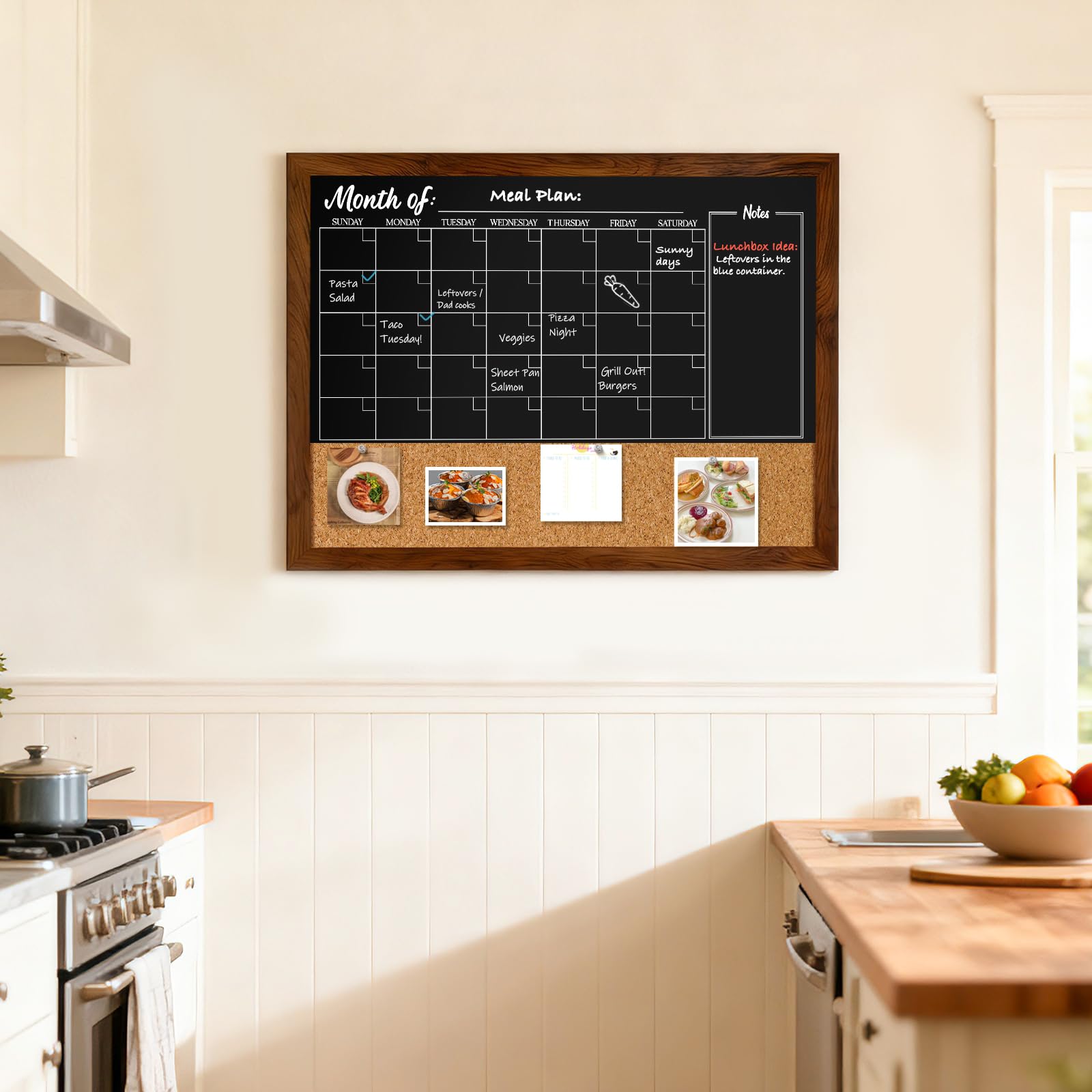 Dollar Boss Pizarra con calendario de corcho, pizarra magnética de 24 x 18 pulgadas para pared, marco de madera rústico, calendario mensual, planificación, menú, tablero, para oficina, hogar, escuela,