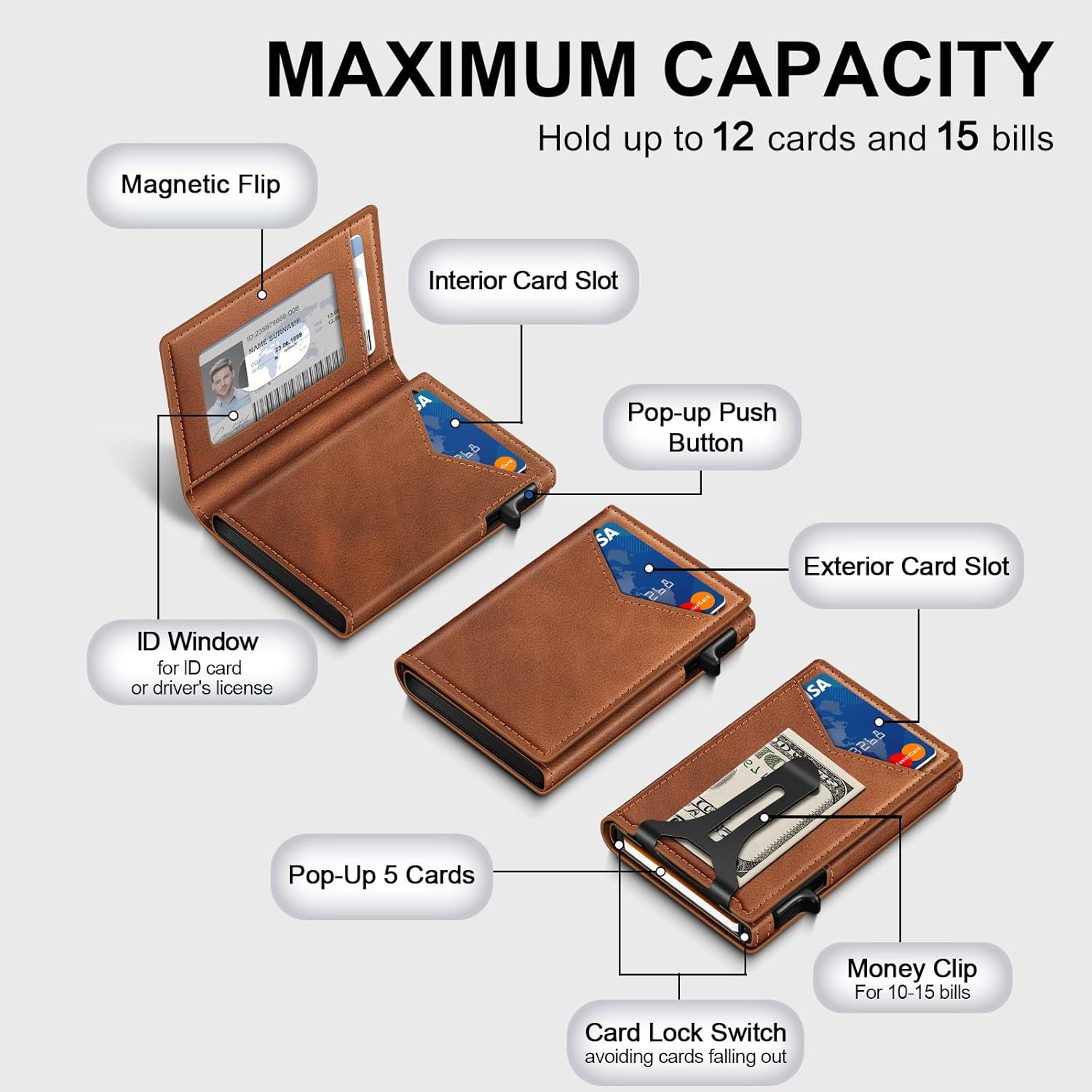 Wallet for Men, RFID Wallet with Money Clip & ID Window, Minimalist Pop Up Credit Card Case Holder 10-12 Cards, Bifold Slim Smart Wallet for Front Pocket, Compact Metal Wallets, Gifts for Men, Brown - Image 6