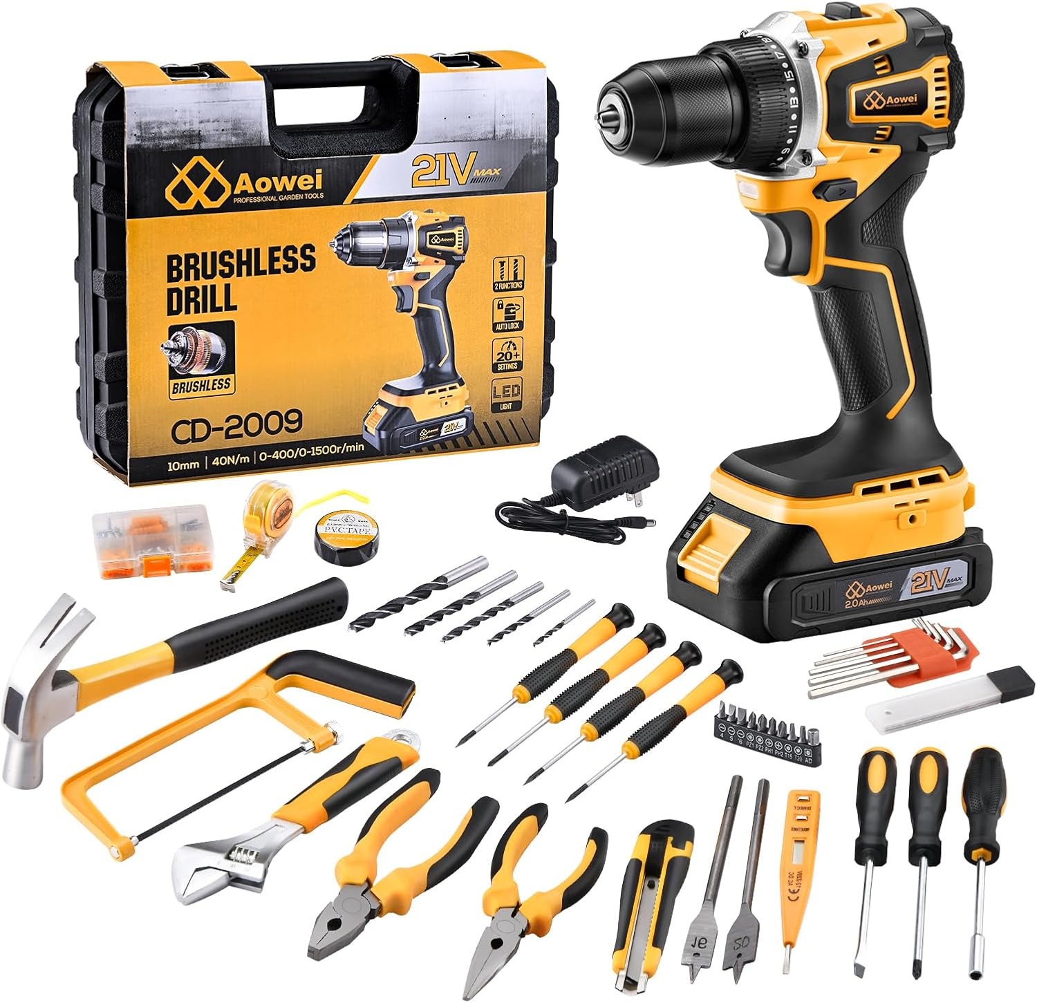 Brushless Motor Tool Kit Set: Yellow 21V Cordless Drill, Power Drill Tool Box,3/8″ Keyless Chuck, 2 Variable Speeds, with Battery and Charger Included