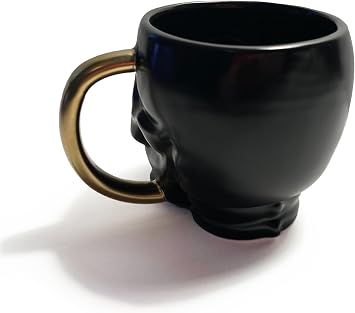 Black Grinning Skull Ghost Large 20 oz Porcelain Ceramic Mug Coffee Cup Novelty Drinkware 3-D Shaped features Skull Sculpting and Hand-painted Gold Trim