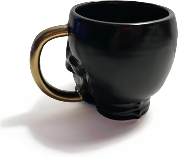 Black Grinning Skull Ghost Large 20 oz Porcelain Ceramic Mug Coffee Cup Novelty Drinkware 3-D Shaped features Skull Sculpting and Hand-painted Gold Trim
