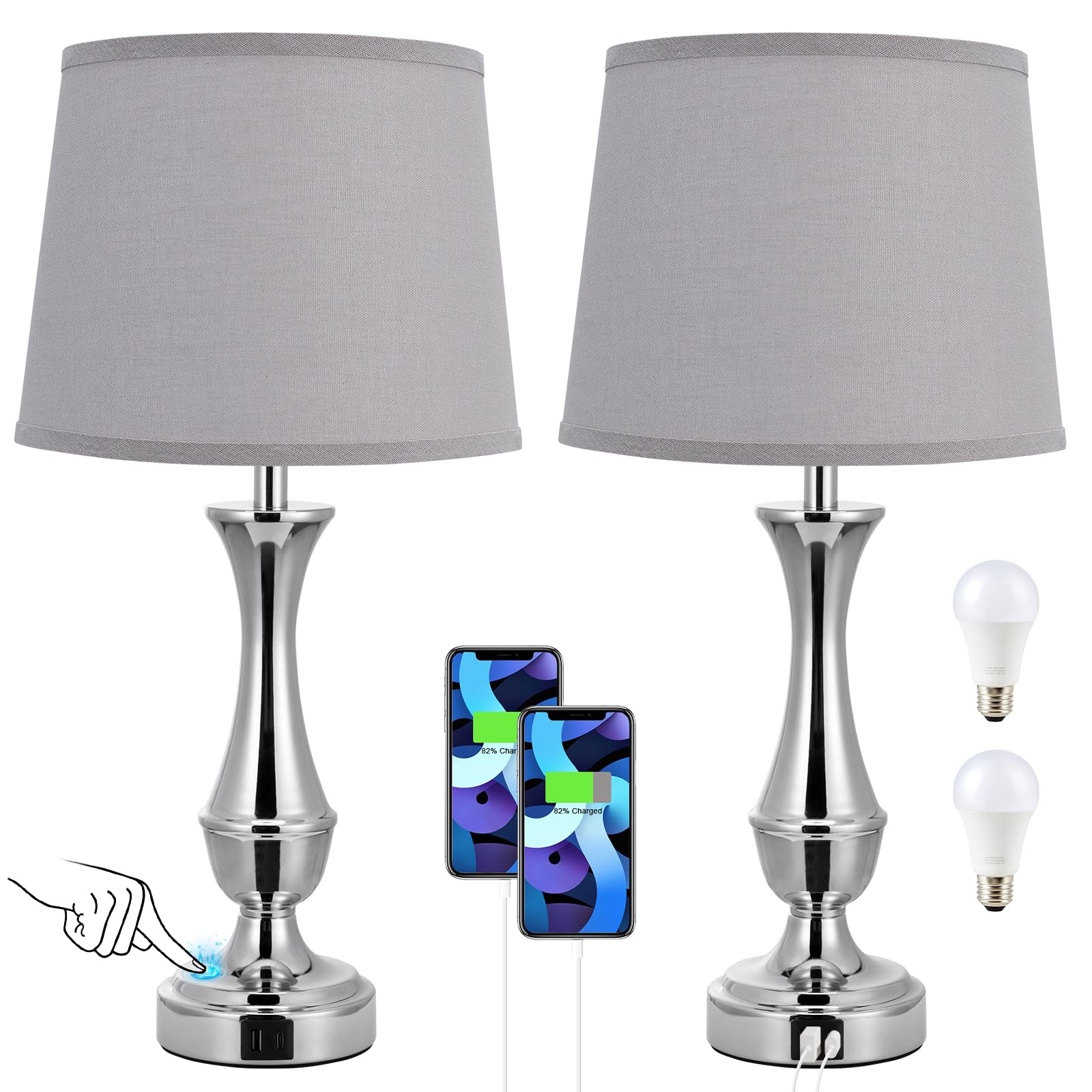 Touch Lamps for Nightstand, 3 Way Dimmable Lamps for Bedroom with USB C+A
