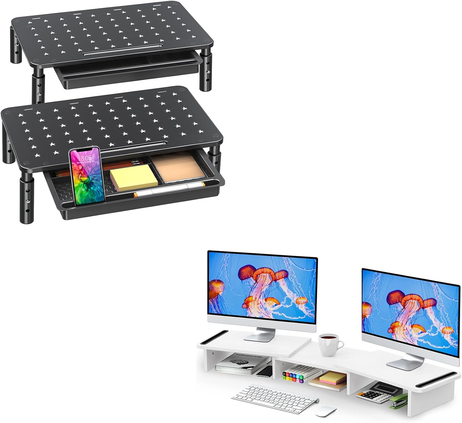 Zimilar Paquete de 2 soportes elevadores de altura ajustable para monitor con cajón doble de madera