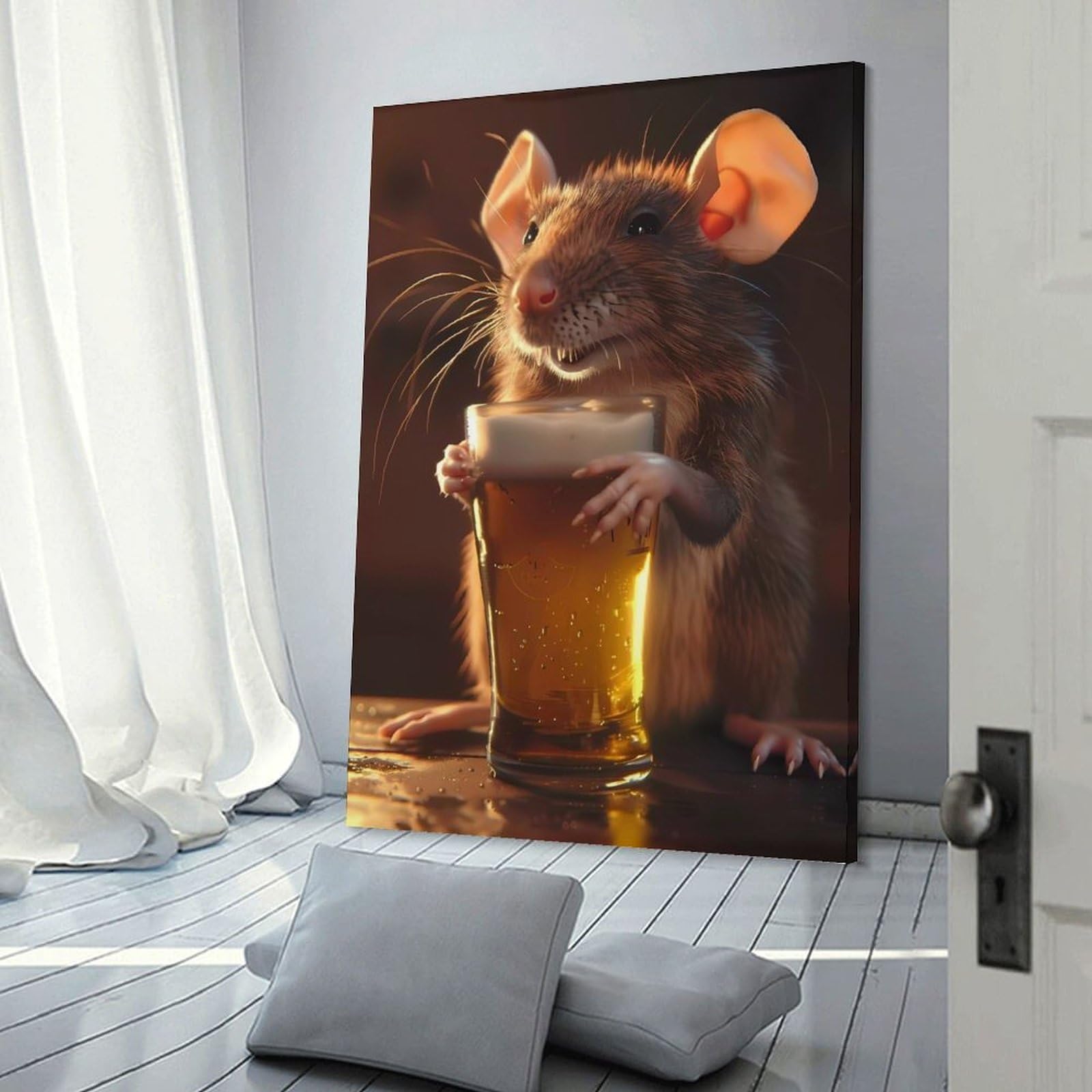 Junmoney Rat Beer Wall Picture Print 24x36inch(60x90cm), for Corridors, Hallways Or Apartment Entries, Decorative Canvas Styling for Entry Areas