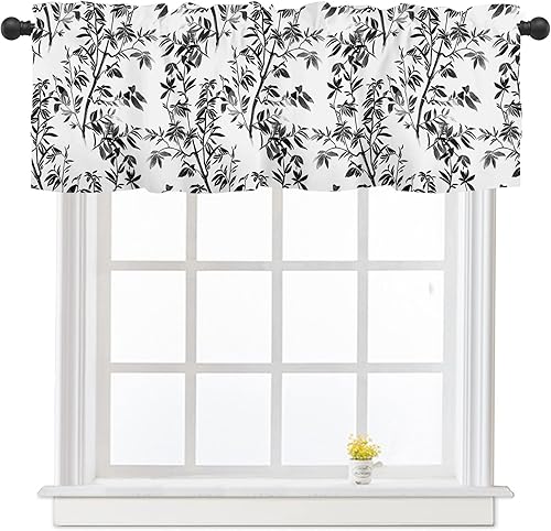 Miniatura 1 de Cenefas de cortina de cocina de hojas negras, blancas y grises para ventanas, primavera y verano, cortinas de ventana de hojas de acuarela de 54 x