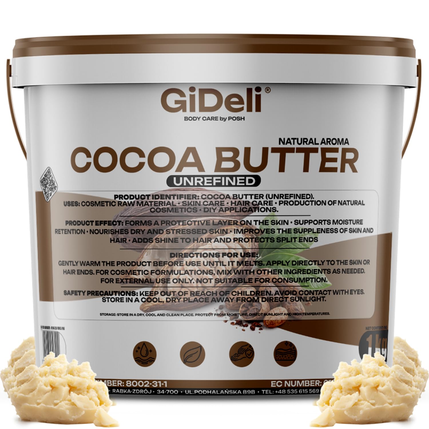 GiDeli Burro di cacao 1 kg in secchio – Grasso di cacao idratante e rigenerante per pelle e capelli