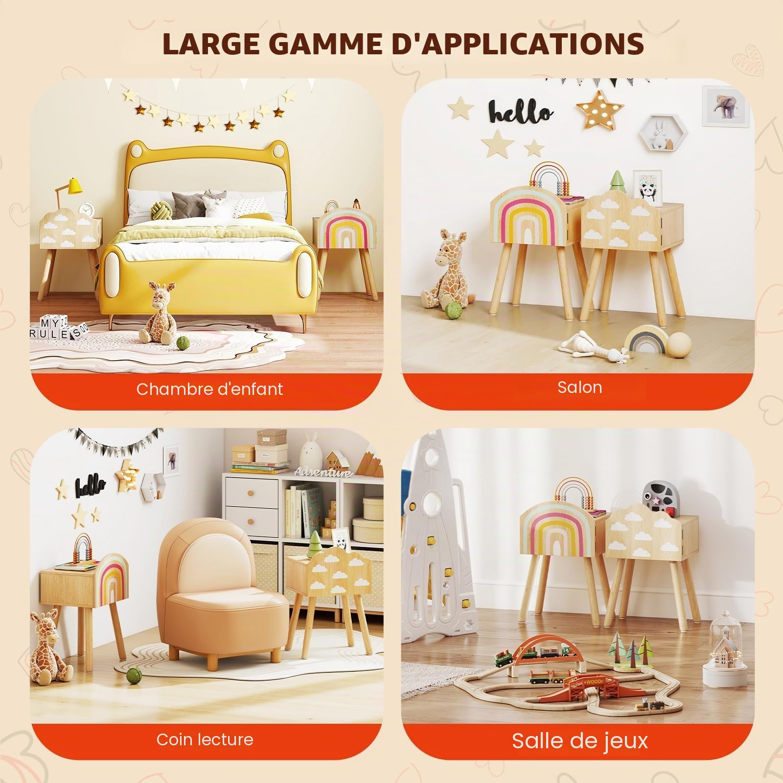 FANTASK Lot de 2 Tables de Chevet pour Enfant avec Motifs Arc-en-Ciel et Nuages - Petite Table d'appoint Mignonne et Pieds en Bois Massif - Table de Chevet pour Chambre d'enfant - 34 x 30 x 54 cm