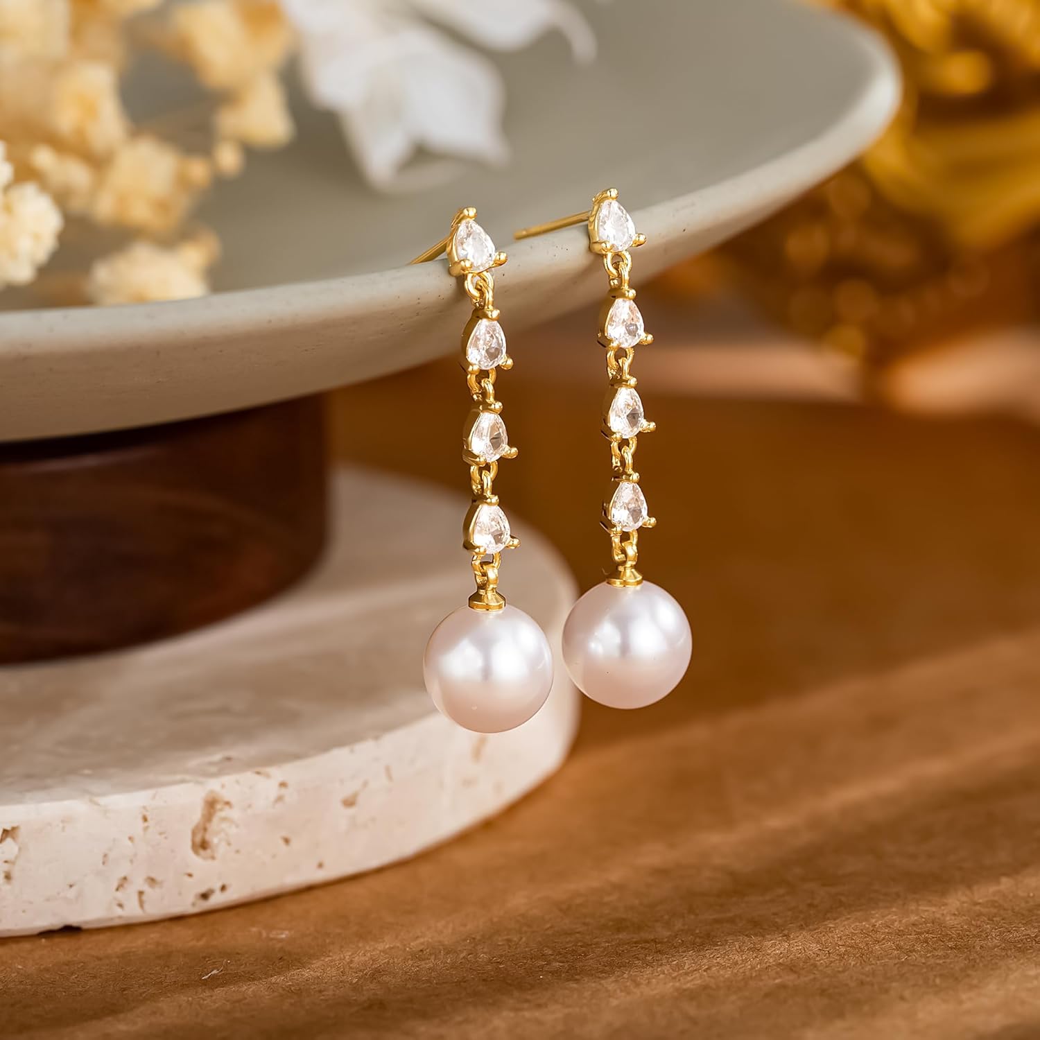 CHESKY Pearl Earrings for Women Small Freshwater Pearl Drop Dangle Earrings 14K Gold Plated Dainty Stud Earrings for Women Elegant Gold Studs Trendy Bridal Wedding Jewelry Gifts