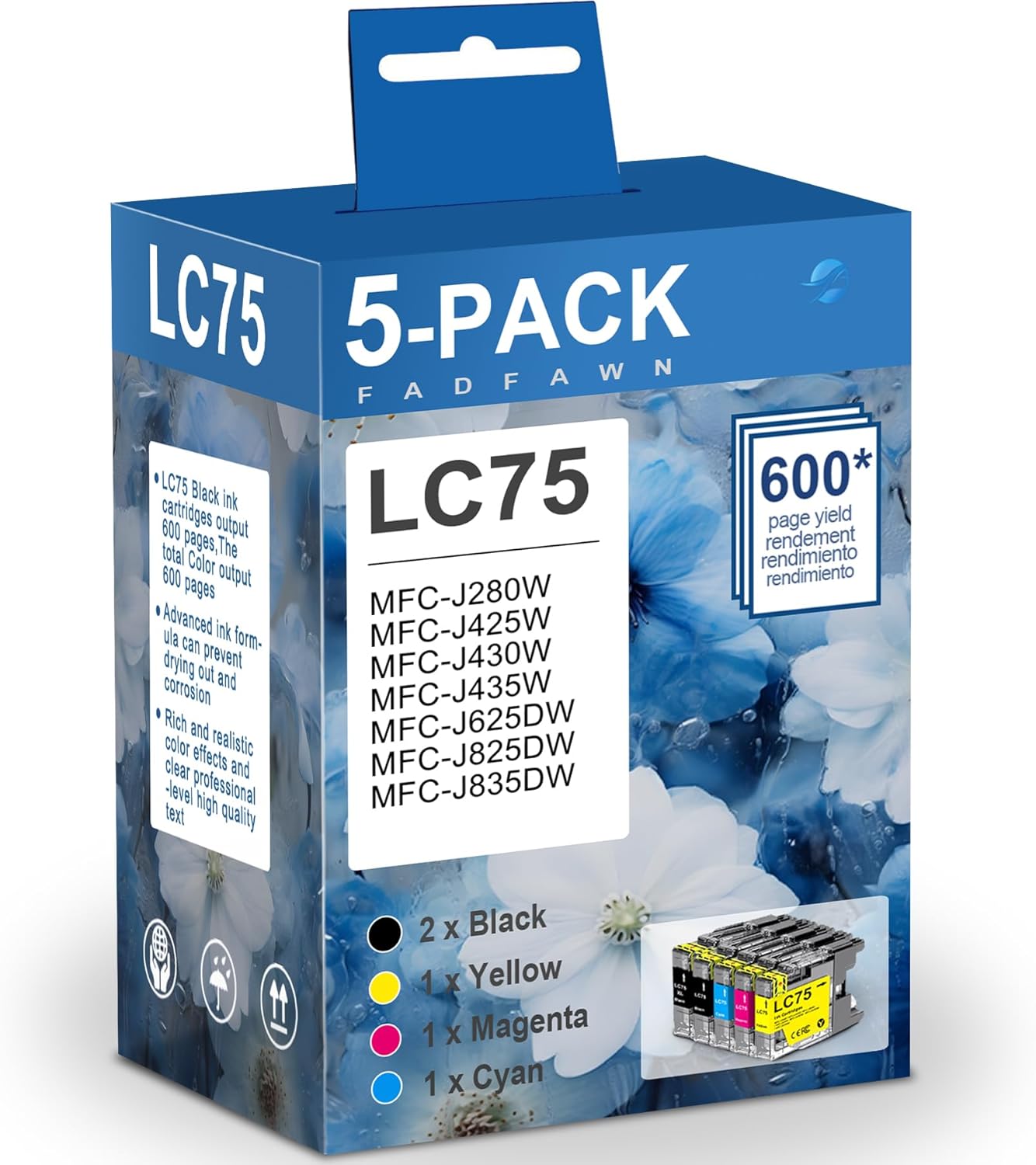 LC75 Ink Cartridges 5-Pack (LC75C LC75M LC75Y, 2 x LC75BK) - Replacement for Brother LC71 LC75 LC79 Ink Cartridges Work with MFC-J6510DW MFC-J6710DW MFC-J6910DW MFC-J280W Printer