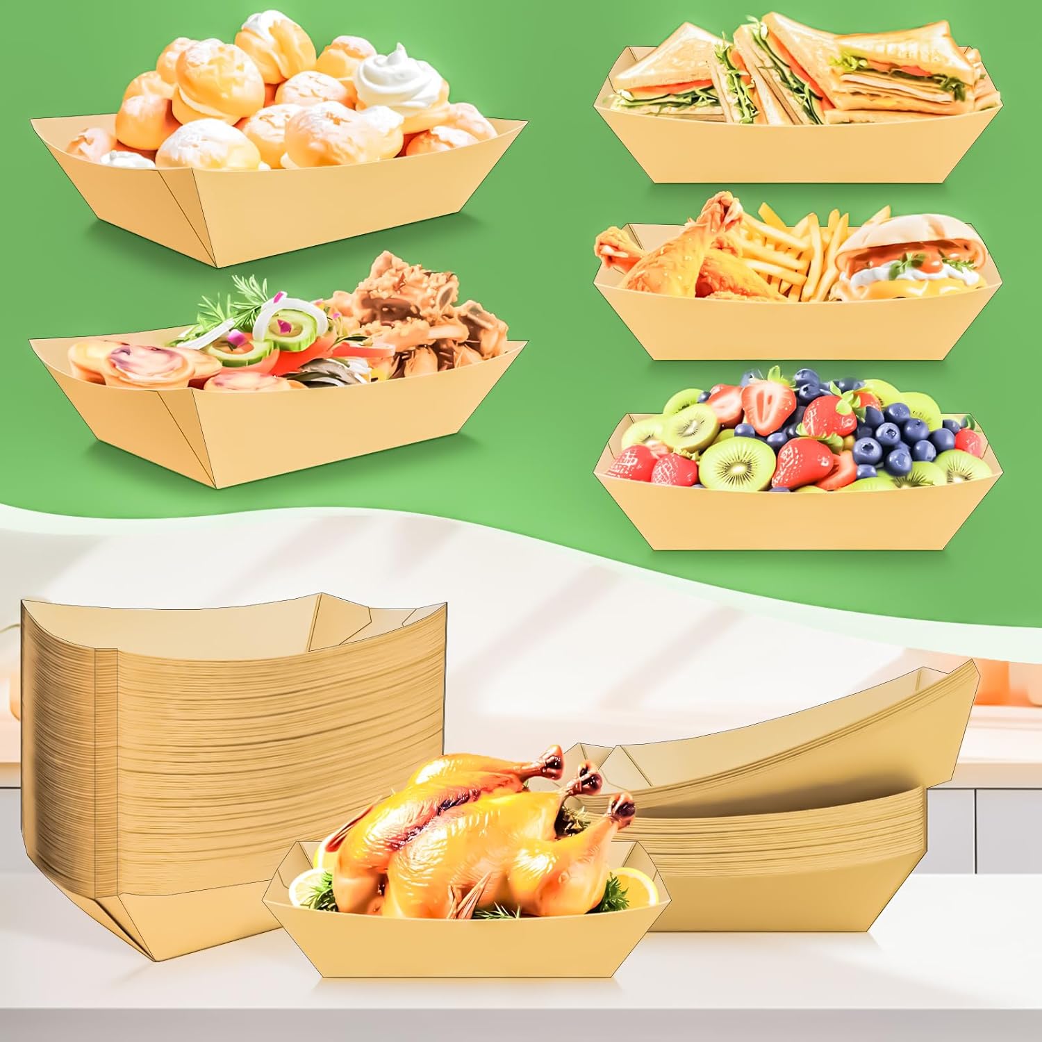 MotBach 100 Pack Extra Large 6LB Paper Food Boats Trays Disposable Paper Boat Plate Containers, Kraft Food Serving Tray Boat Basket Bowl for Snack Popcorn Burger Sandwich BBQ Fries Taco Dessert Nacho
