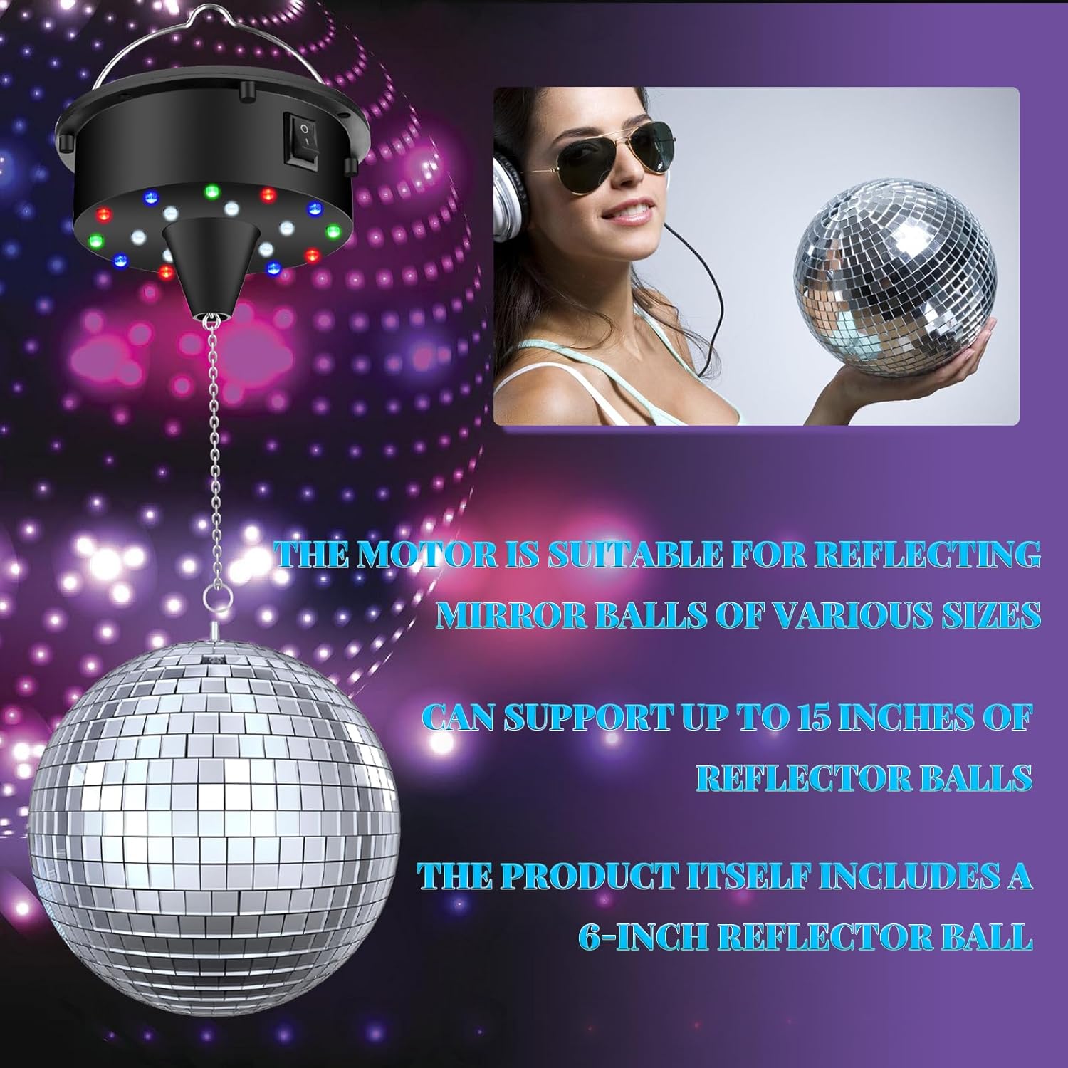 TRESSON Disco Ball with Motor and Light, 5/8/10/15 RPM Adjustable Speed Rotating Motor with 6 Inch Hanging Mirror Ball, 4 Light Colors and 18 LEDs for DJ Club, Theme Party