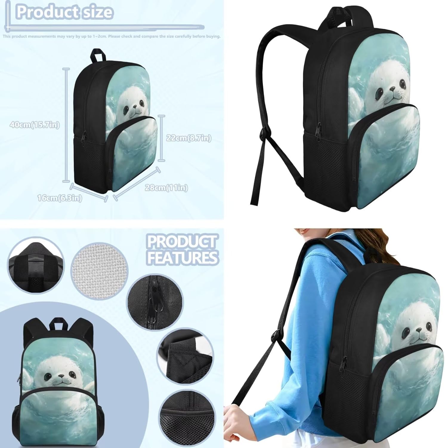 COEQINE Seal Backpack for Girls 8-10Kawaii Middle School Bookbag for Toddler Large Capacity Kids School Lunch Box Bag Girls 4-6 Year 3 Pack Insulated Lunch Bag Pencil Box Daypack