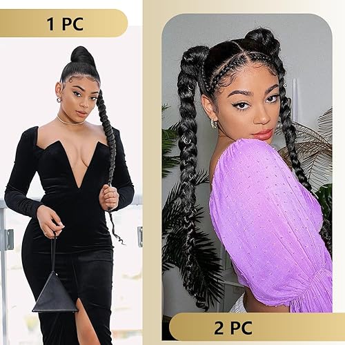 Miniatura 5 de WIGER Cola de caballo larga trenzada para mujeres negras de 34 pulgadas con cordón de ajuste, cola de caballo Yaki recta con clip, extensiones de