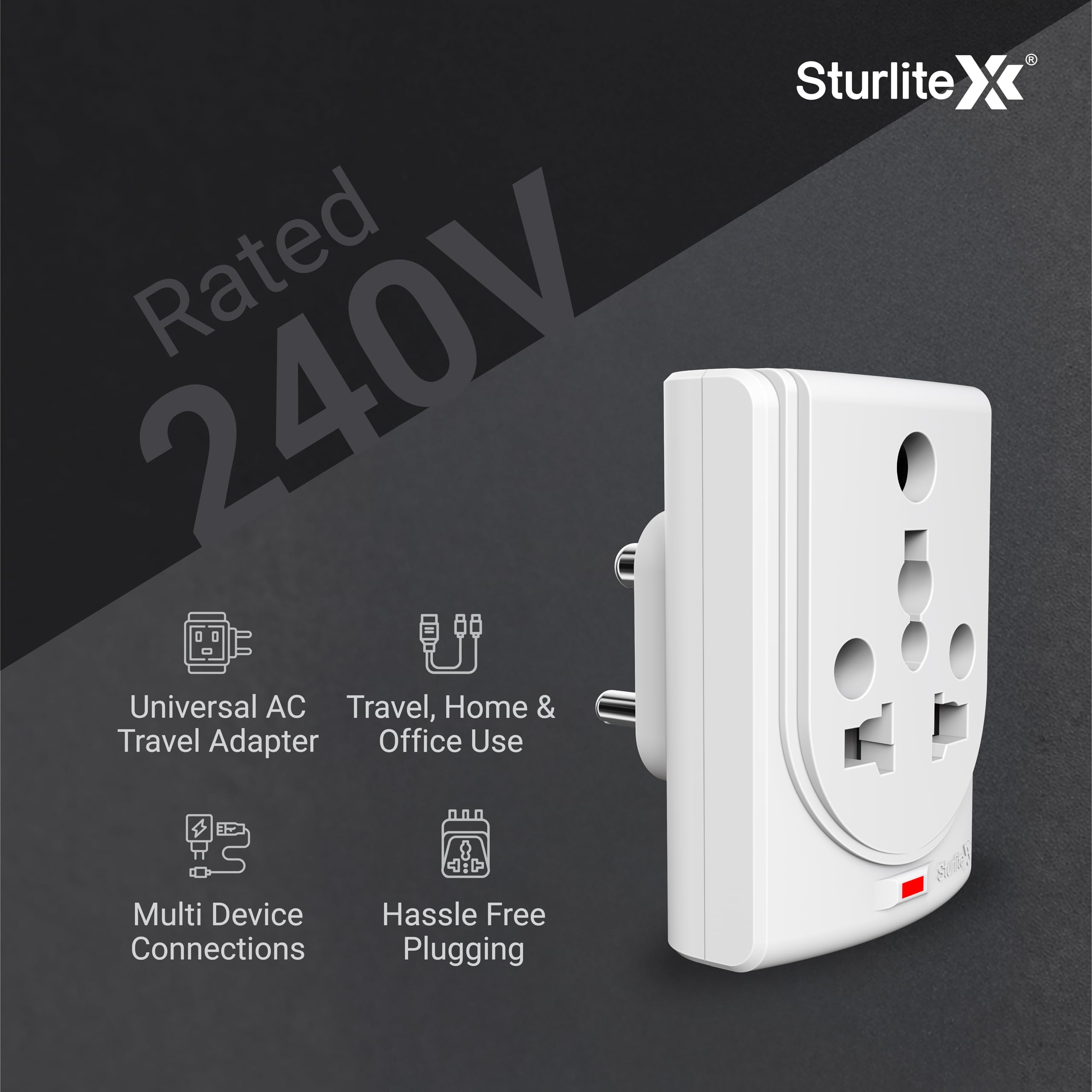 Sturlite Konvert Multiplug| 6-16 Amp| 2-Pin & 3-Pin Socket| Universal AC Travel Adapter| Premium Polycarbonate Body Socket| Compact Converter Plug for Travel, Home & Office Use - Pack of 10 1